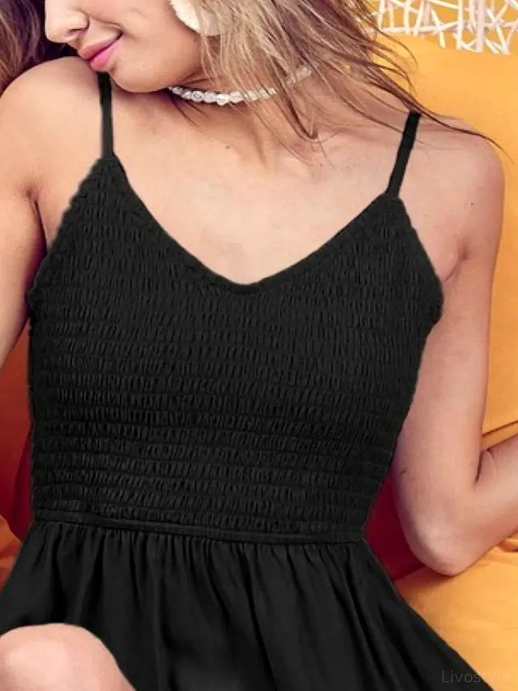 Adjustable Strap Smocked V-Neck Tank Top
