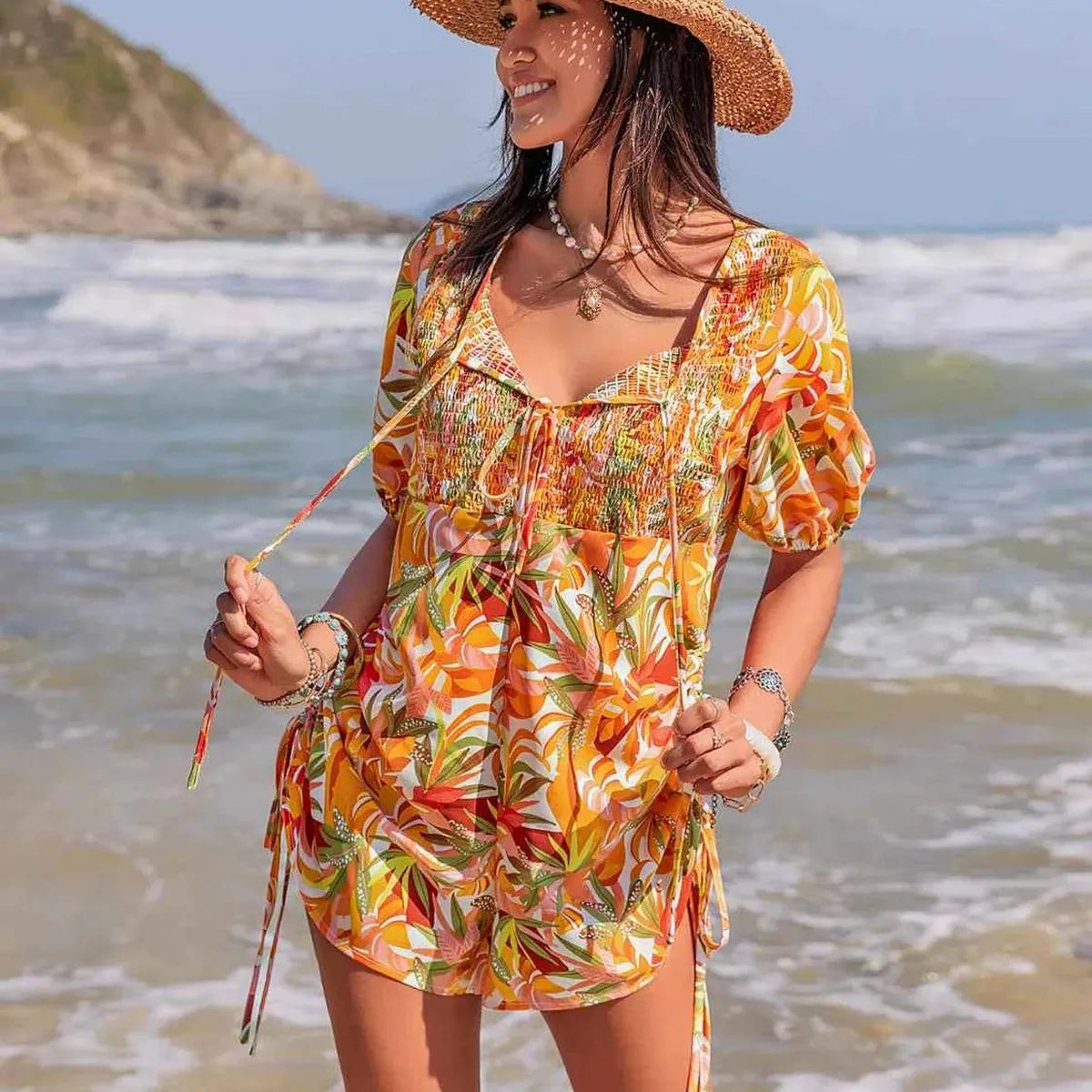 Smocked Tie Neck Printed Romper
