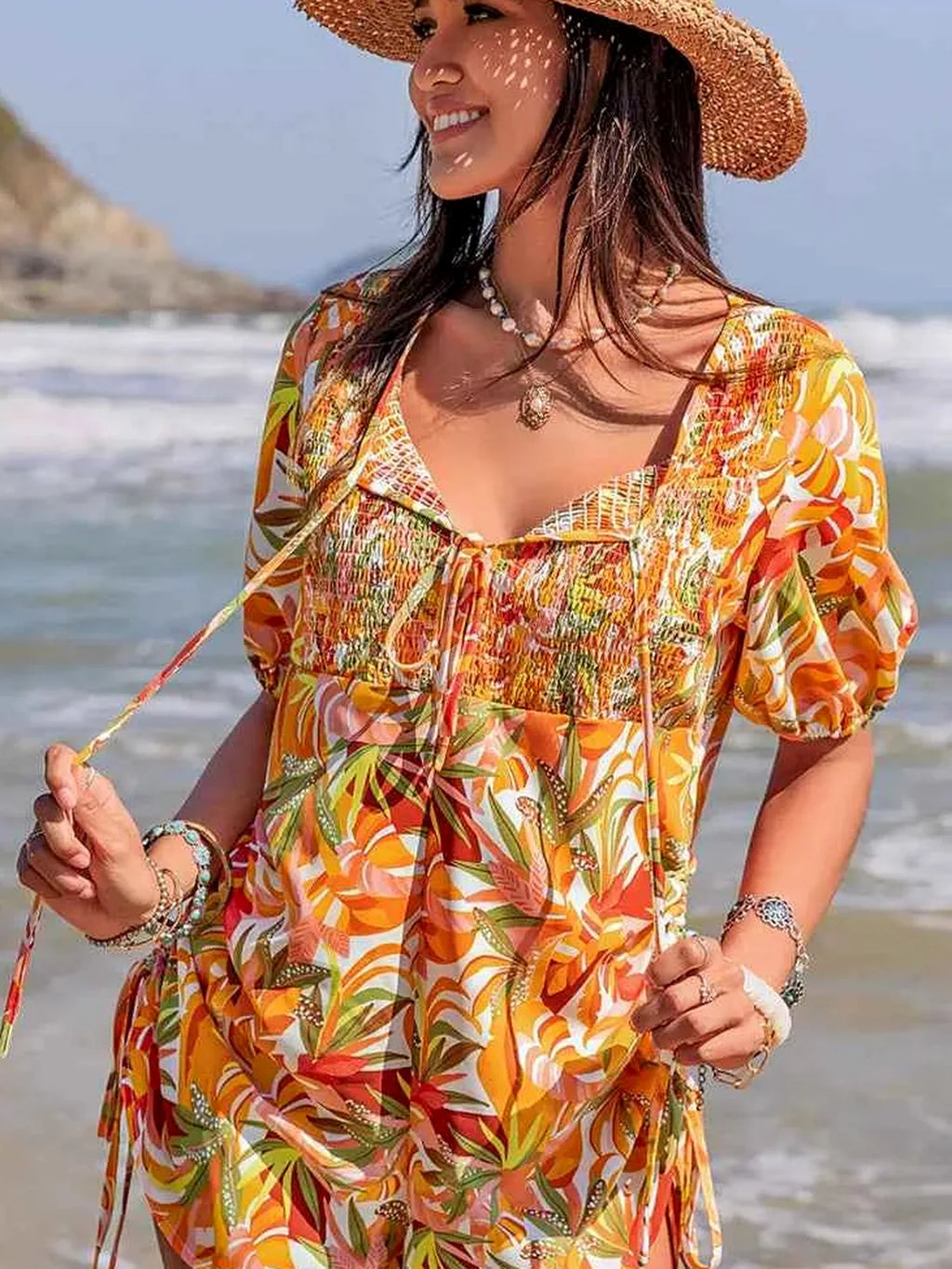 Smocked Tie Neck Printed Romper