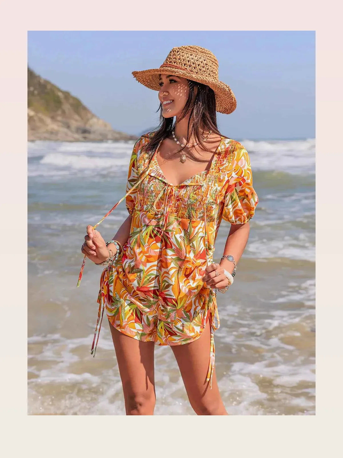 Smocked Tie Neck Printed Romper