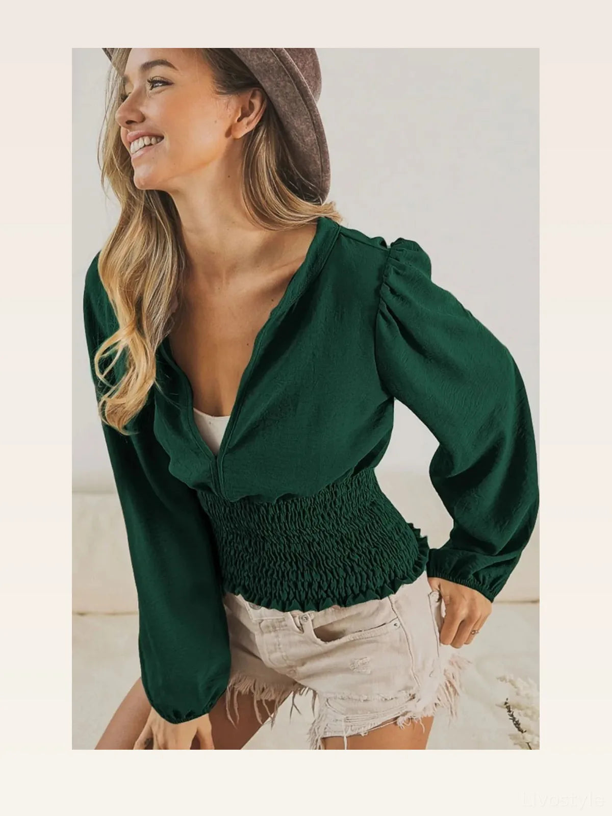 Deep V-Neck Long Sleeve Top with Smocked Waist and Puff Sleeves