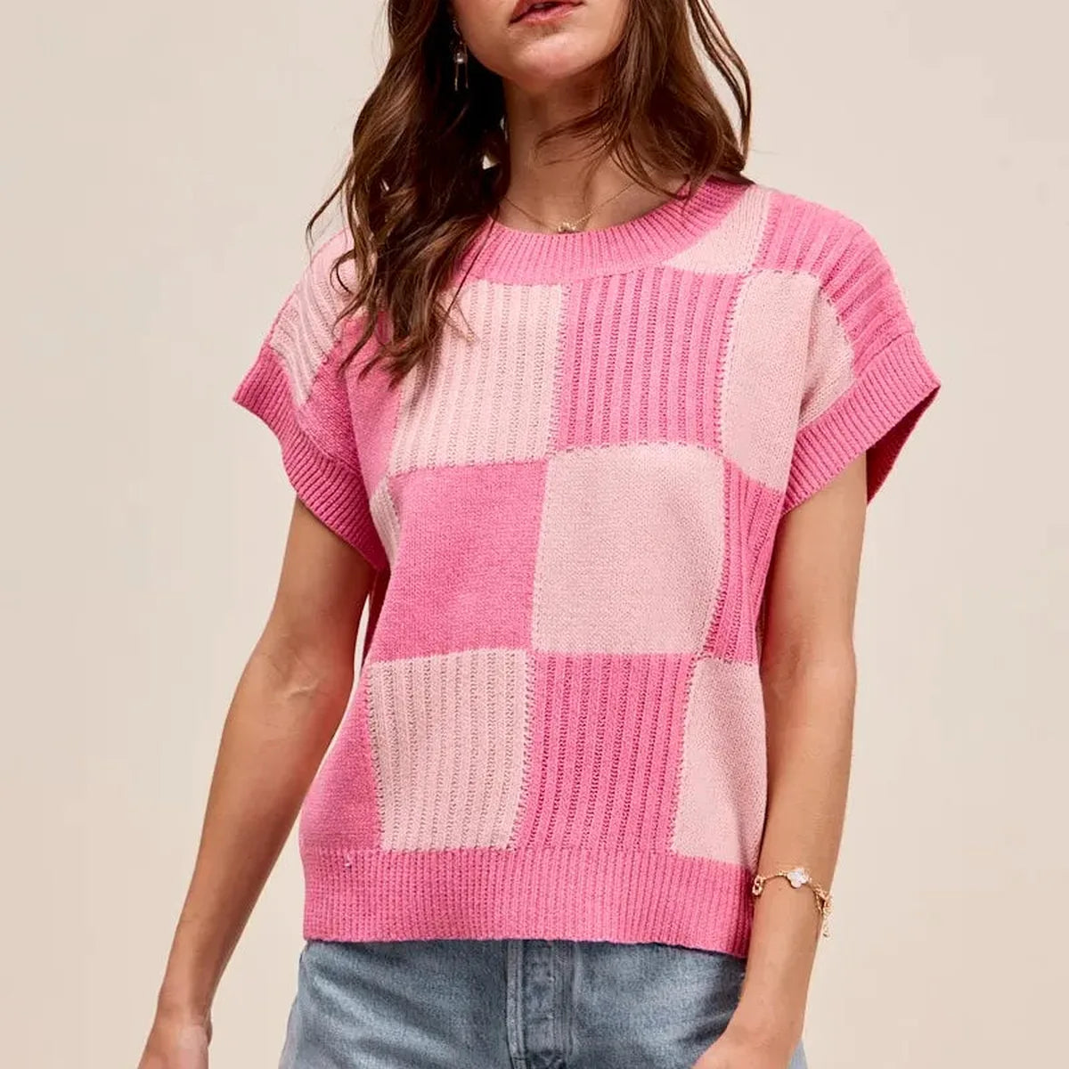 Check Plaid Oversized Sweater Top with Ribbed Detail
