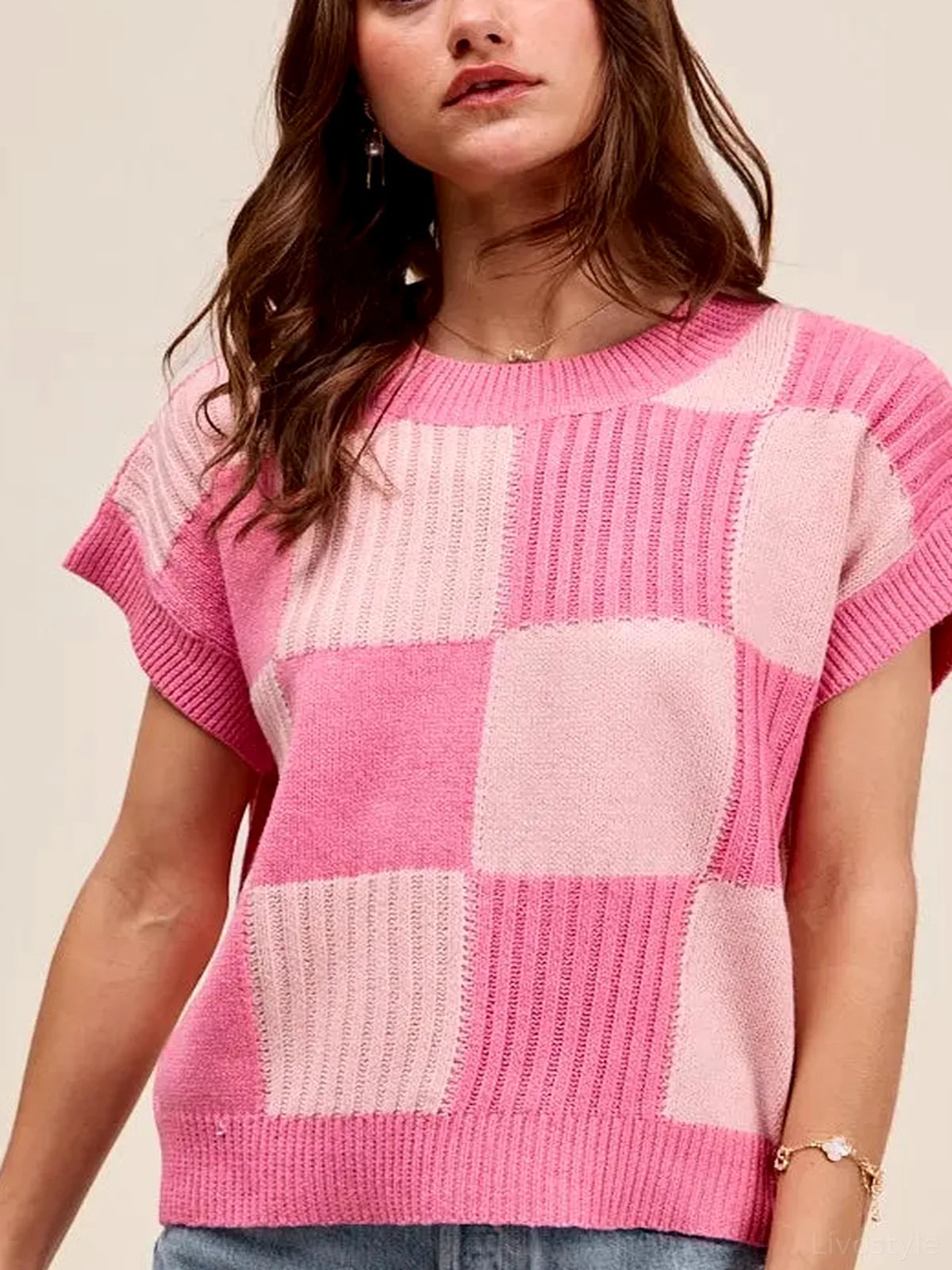 Check Plaid Oversized Sweater Top with Ribbed Detail