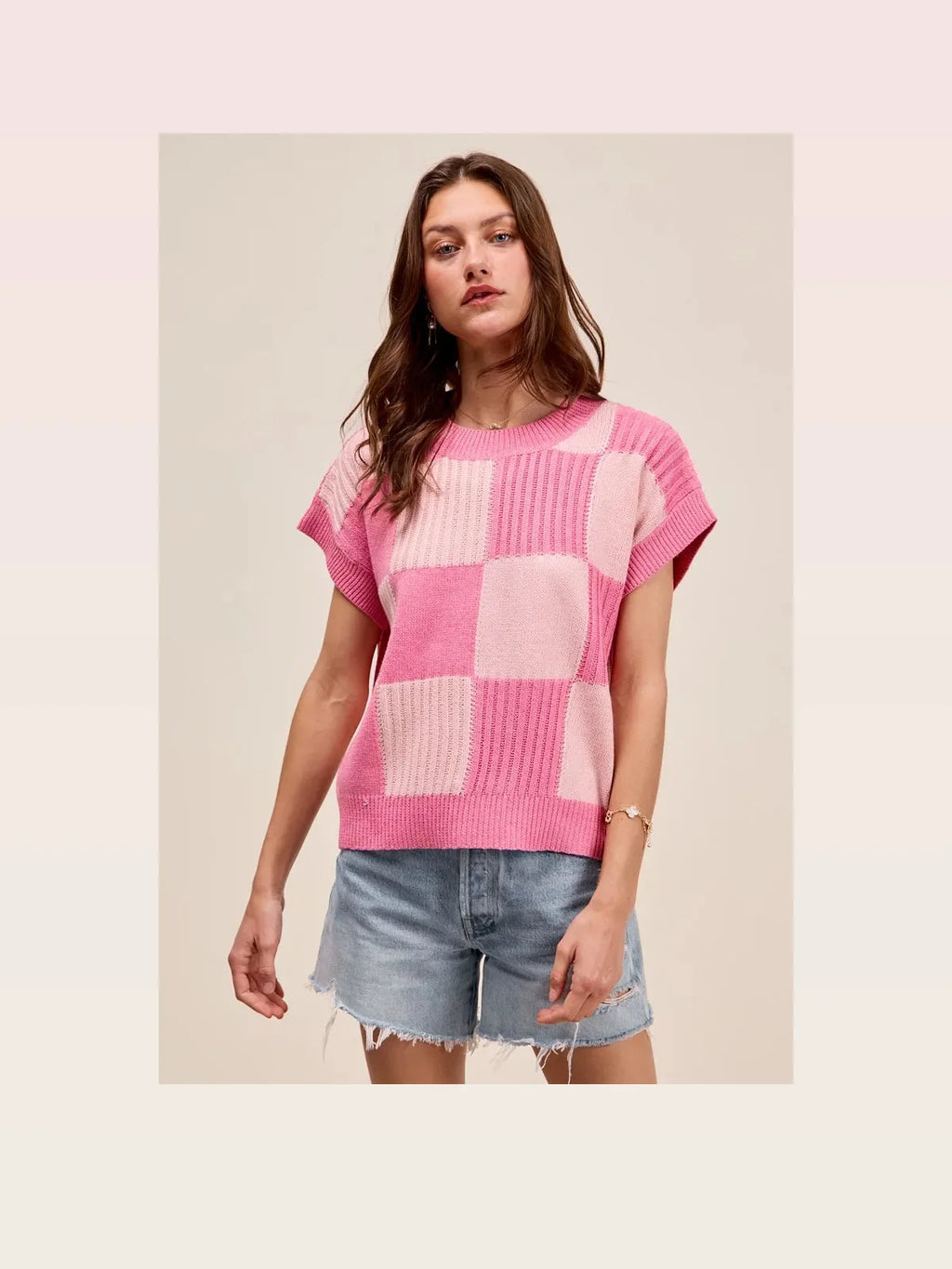 Check Plaid Oversized Sweater Top with Ribbed Detail