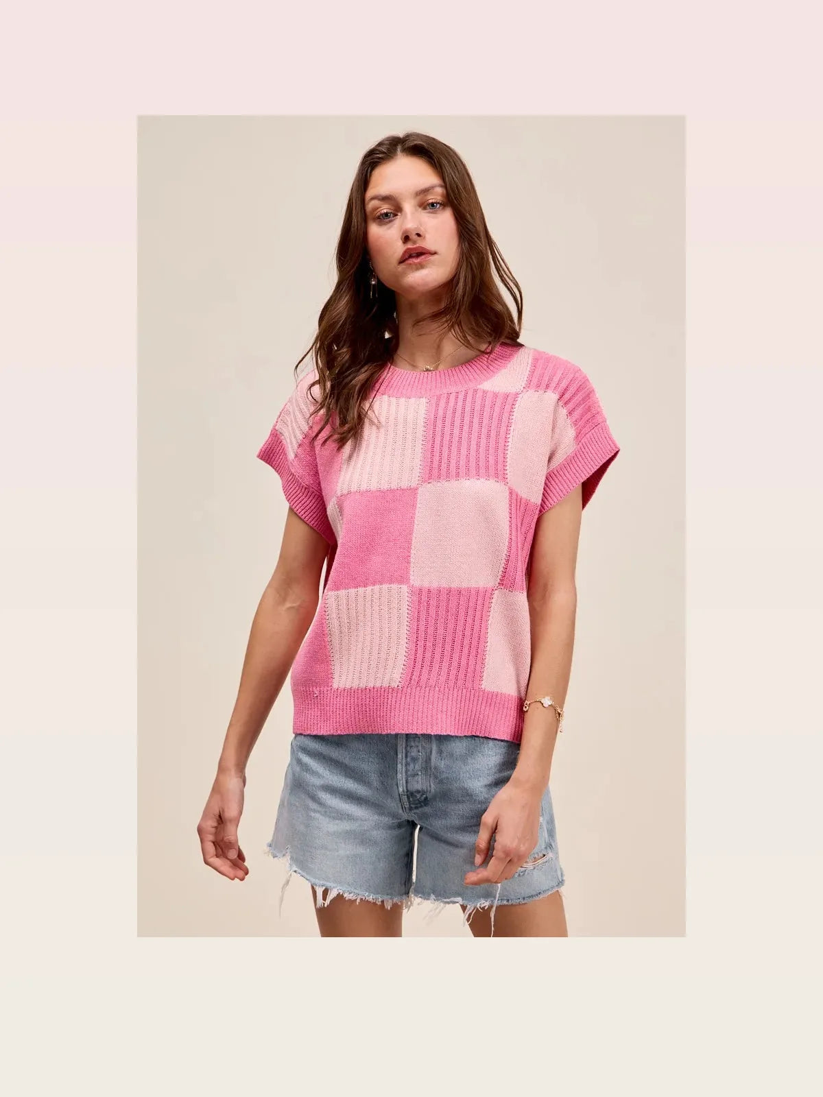 Check Plaid Oversized Sweater Top with Ribbed Detail