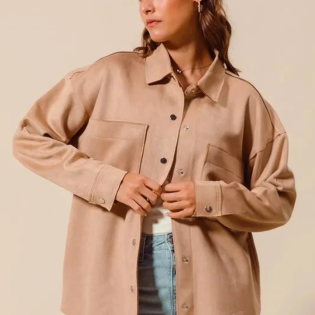 Faux Suede Snap Shacket with Collar and Pockets