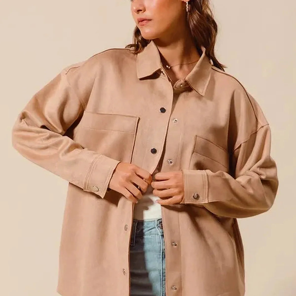 Faux Suede Snap Shacket with Collar and Pockets