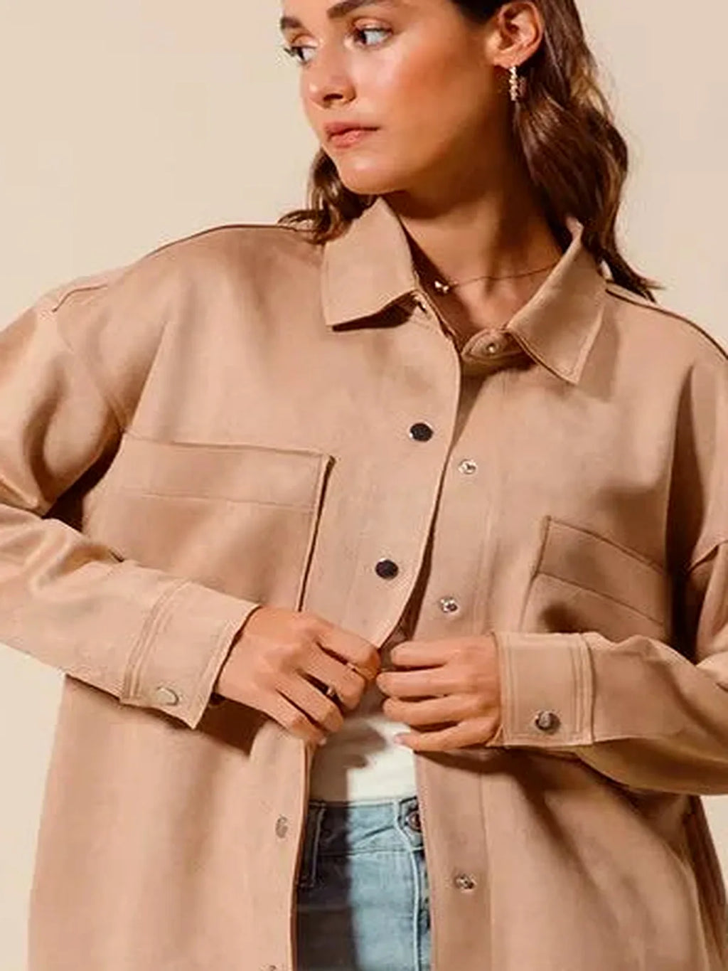 Faux Suede Snap Shacket with Collar and Pockets