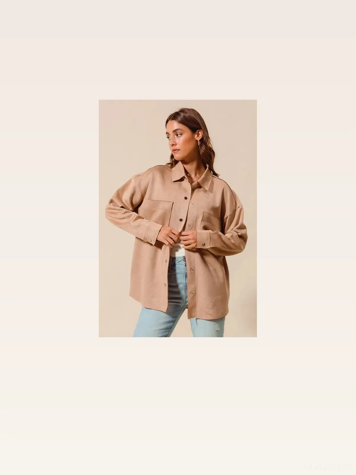 Faux Suede Snap Shacket with Collar and Pockets