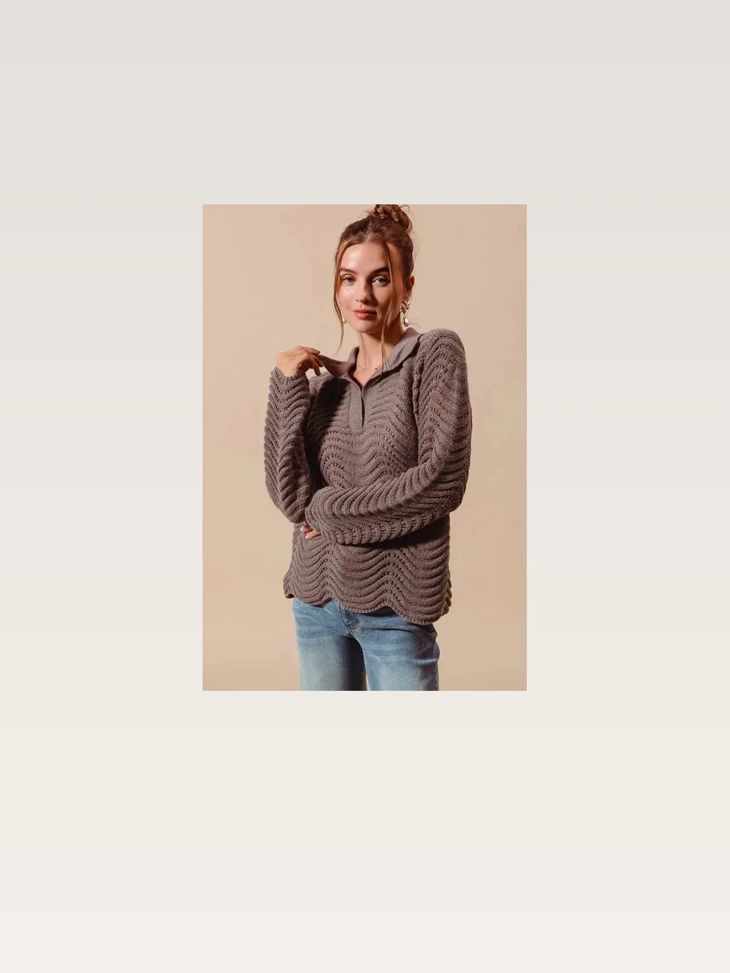 Notched Collar Wavy Texture Sweater Top