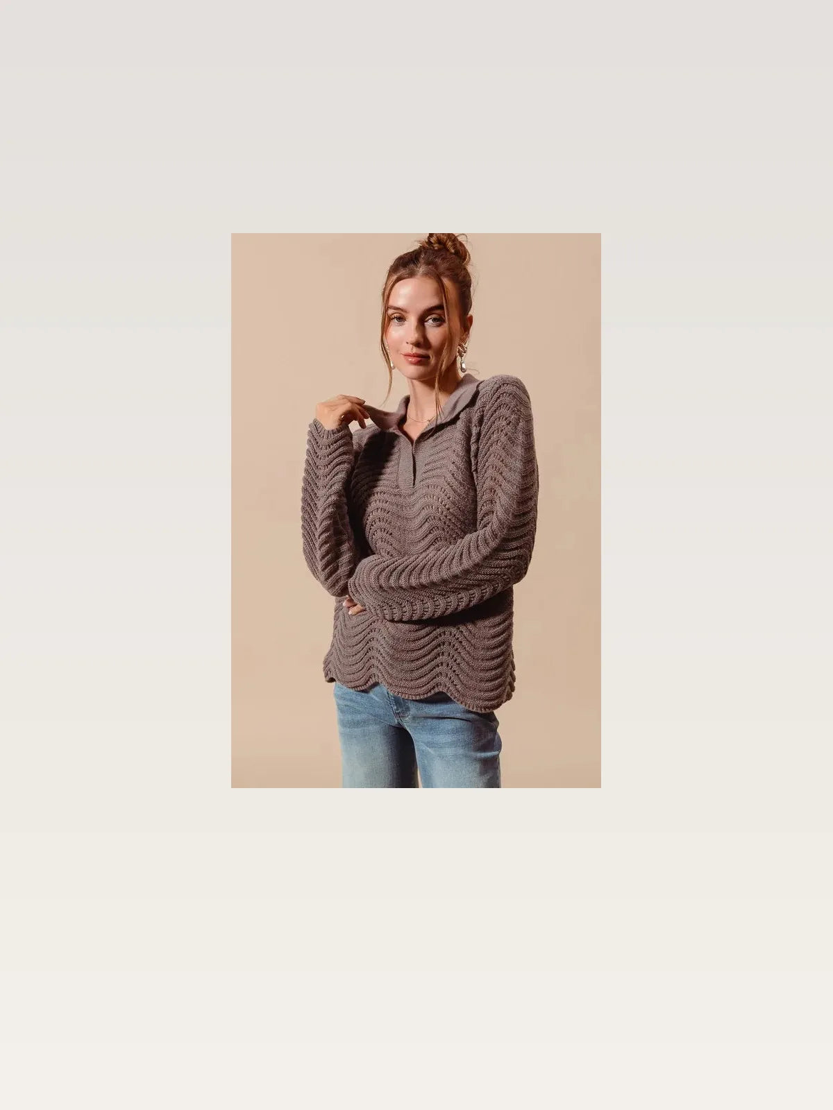 Notched Collar Wavy Texture Sweater Top