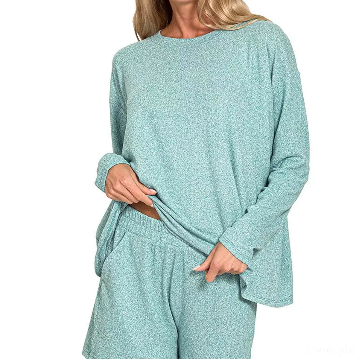 Melange Long Sleeve Tee and Shorts Lounge Set