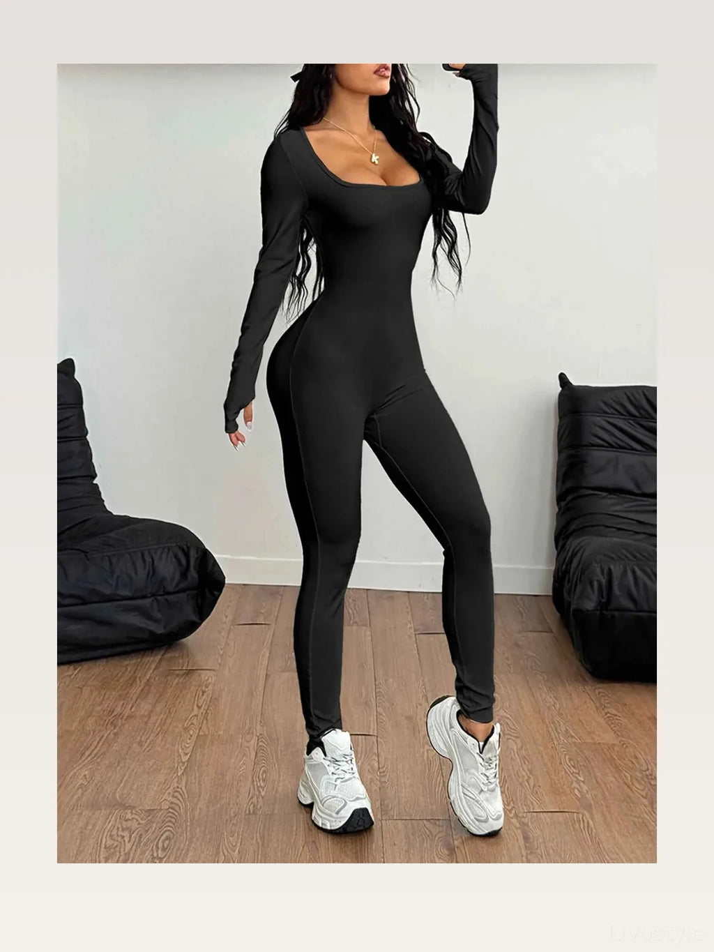 Square Neck Long Sleeve Active Jumpsuit