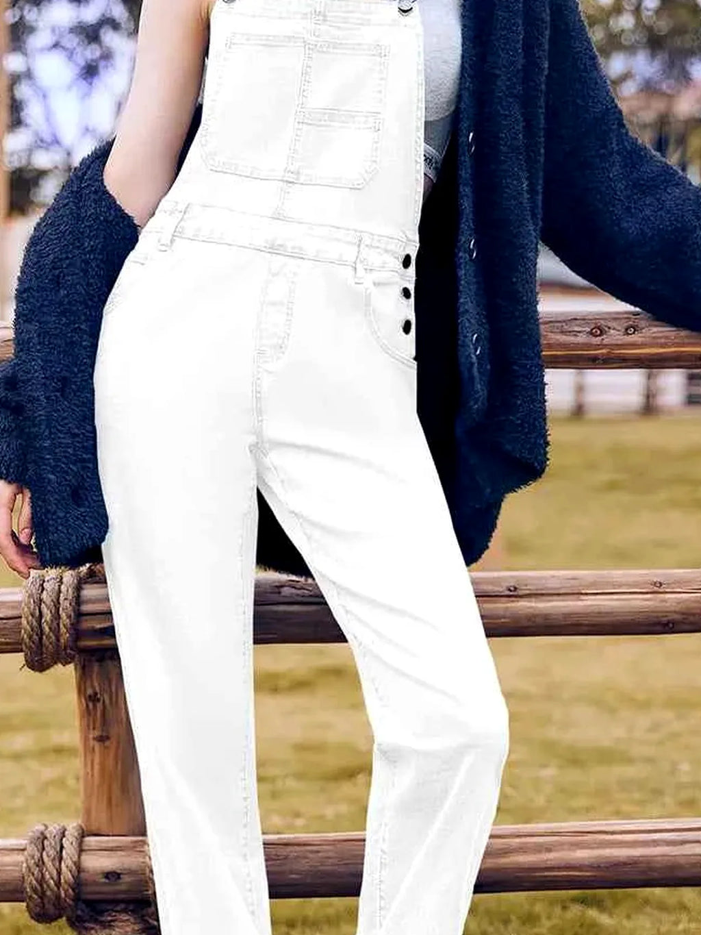 White Bib Square Neck Straight Leg Denim Overalls