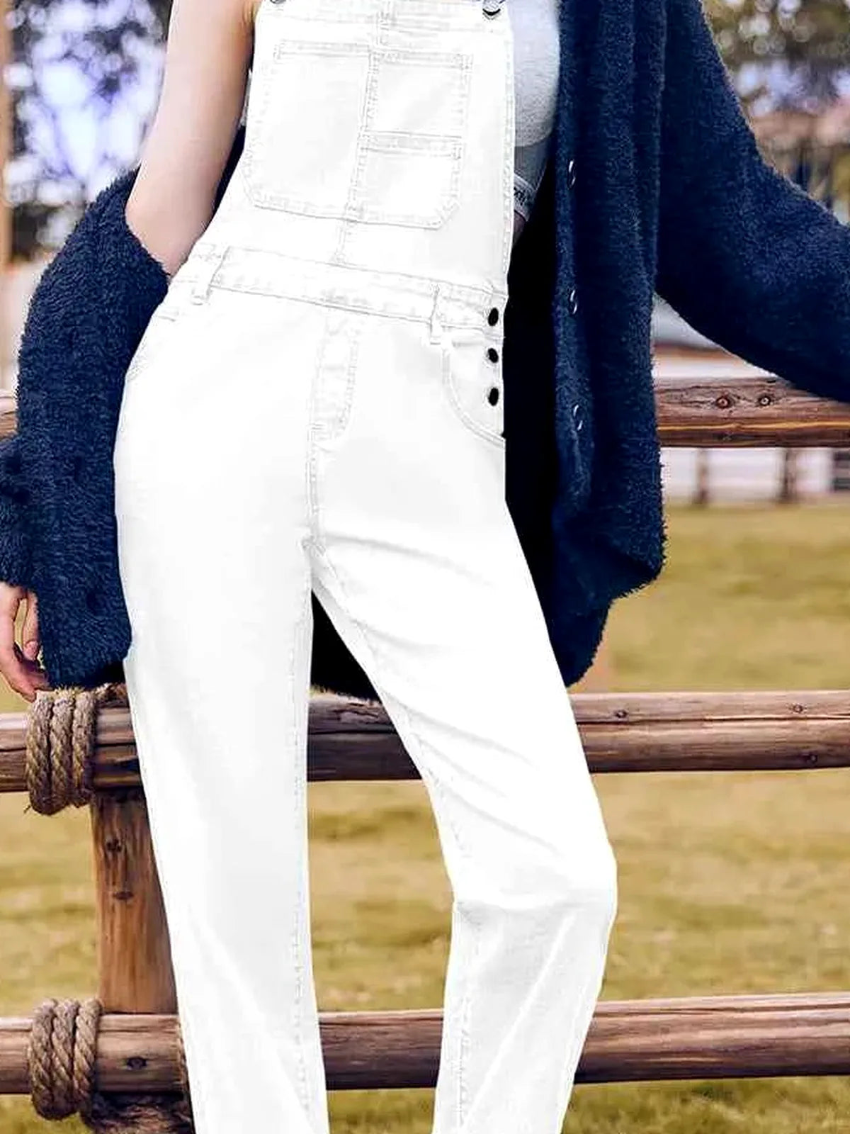 White Bib Square Neck Straight Leg Denim Overalls