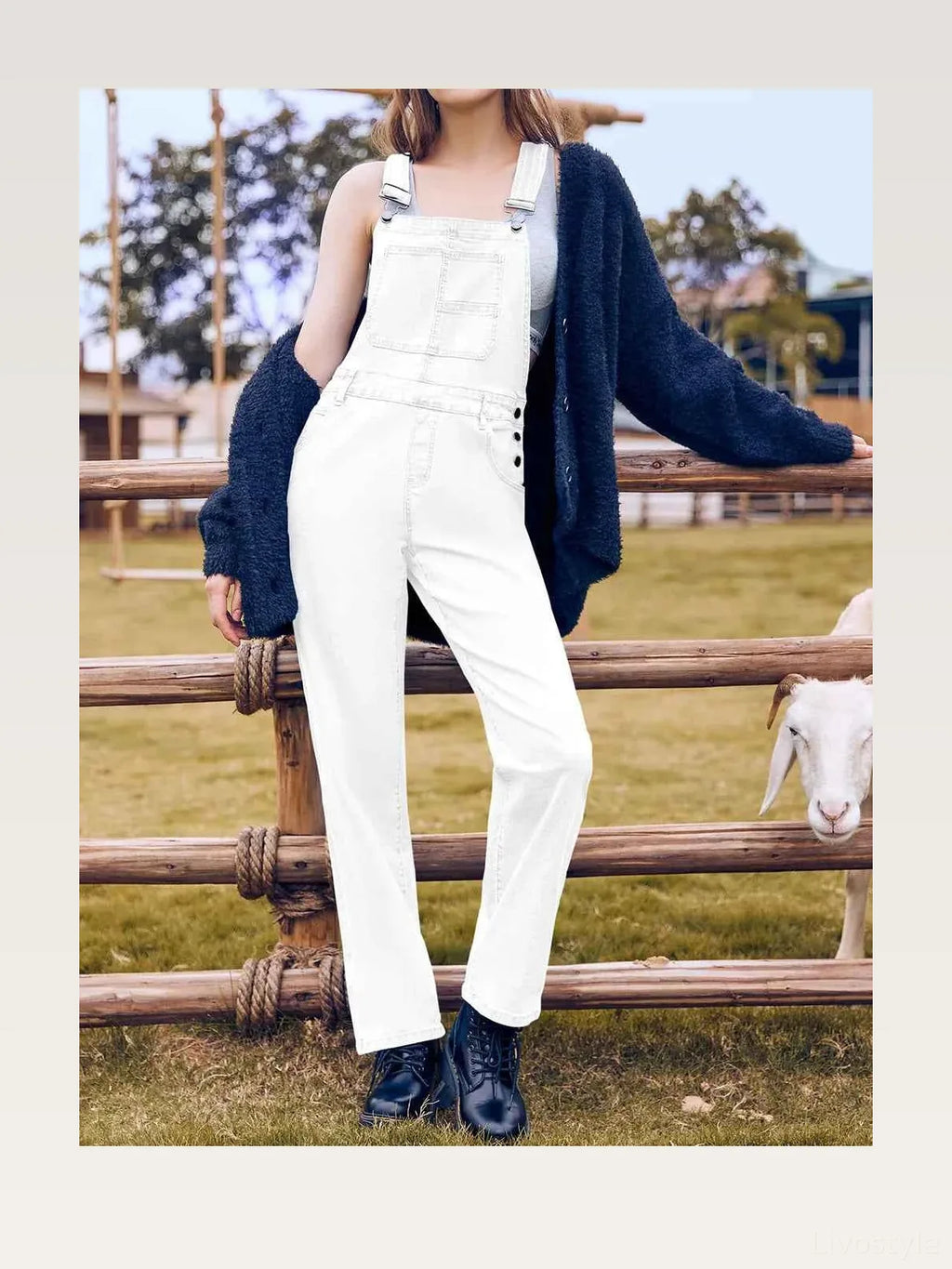 White Bib Square Neck Straight Leg Denim Overalls