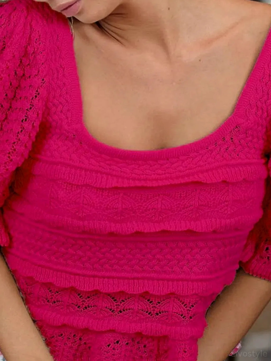 Crochet Top with Puff Sleeves and Square Neckline