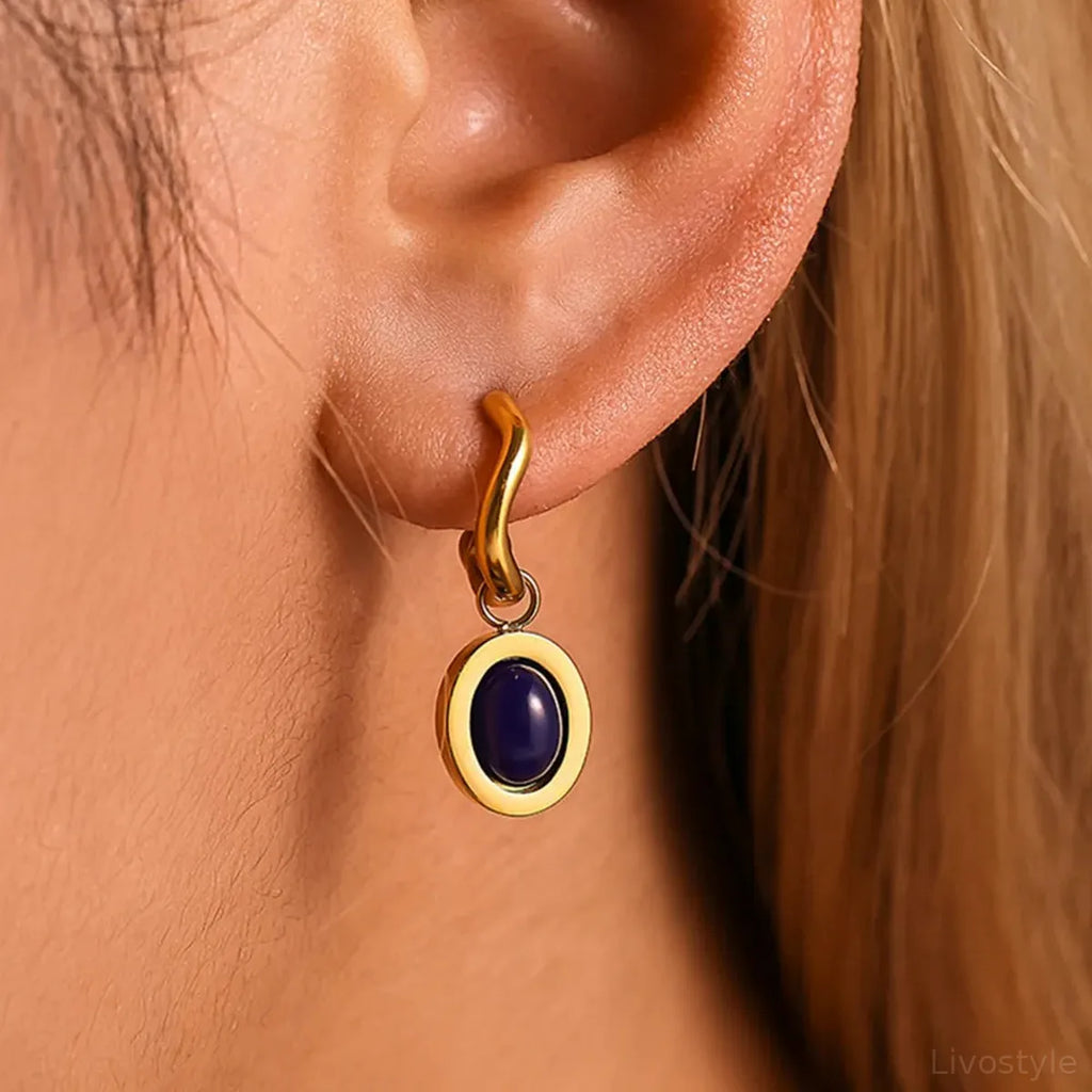 Stainless Steel Oval Gemstone Drop Earrings