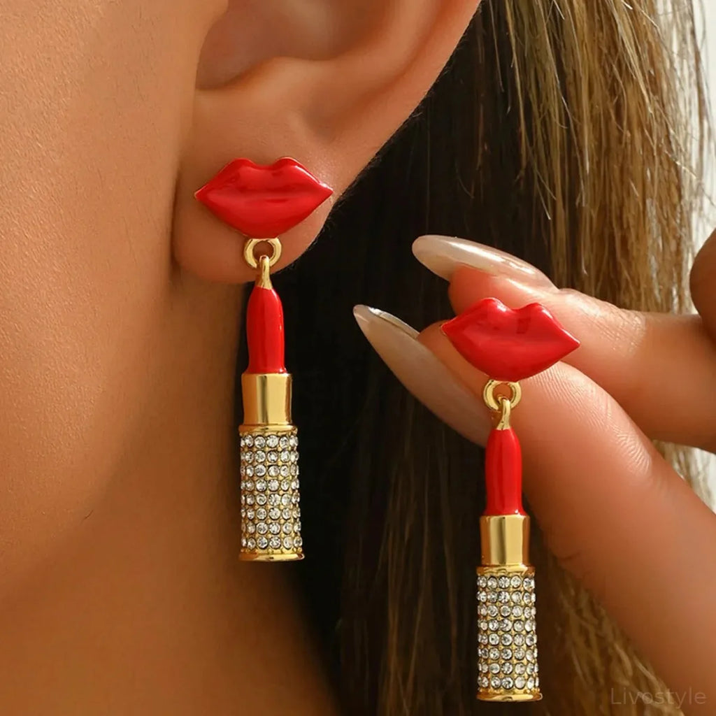 Stainless Steel Resin Lipstick Rhinestone Drop Earrings