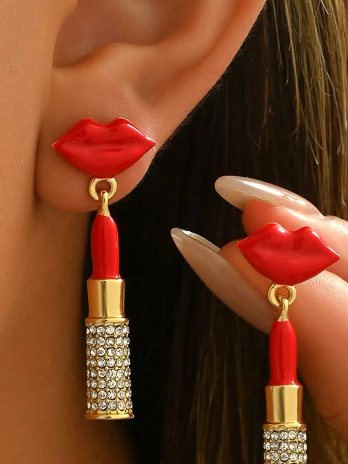 Stainless Steel Resin Lipstick Rhinestone Drop Earrings