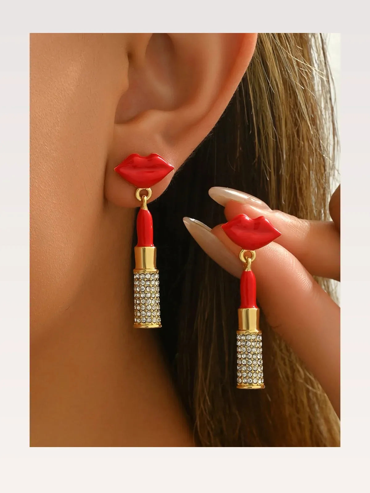 Stainless Steel Resin Lipstick Rhinestone Drop Earrings