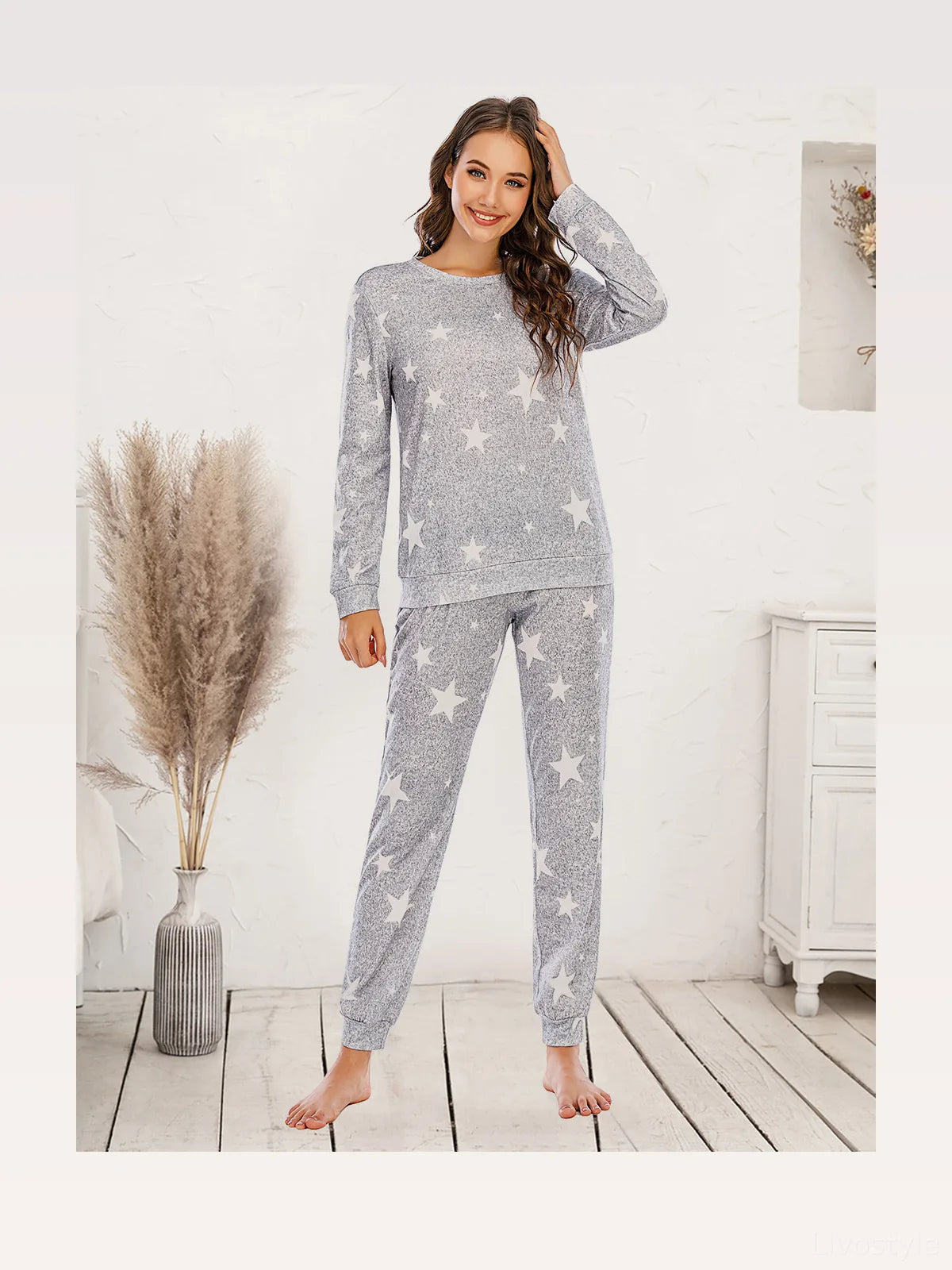 Star Pattern Long Sleeve Top and Pants Lounge Set