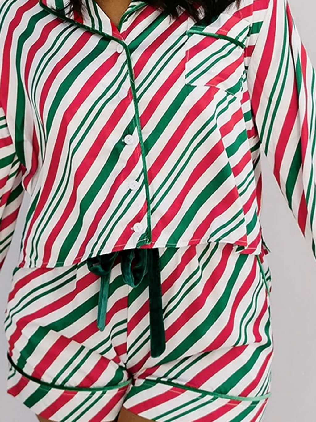 Striped Contrast Velvet Ribbon Knot Christmas Pajama Set