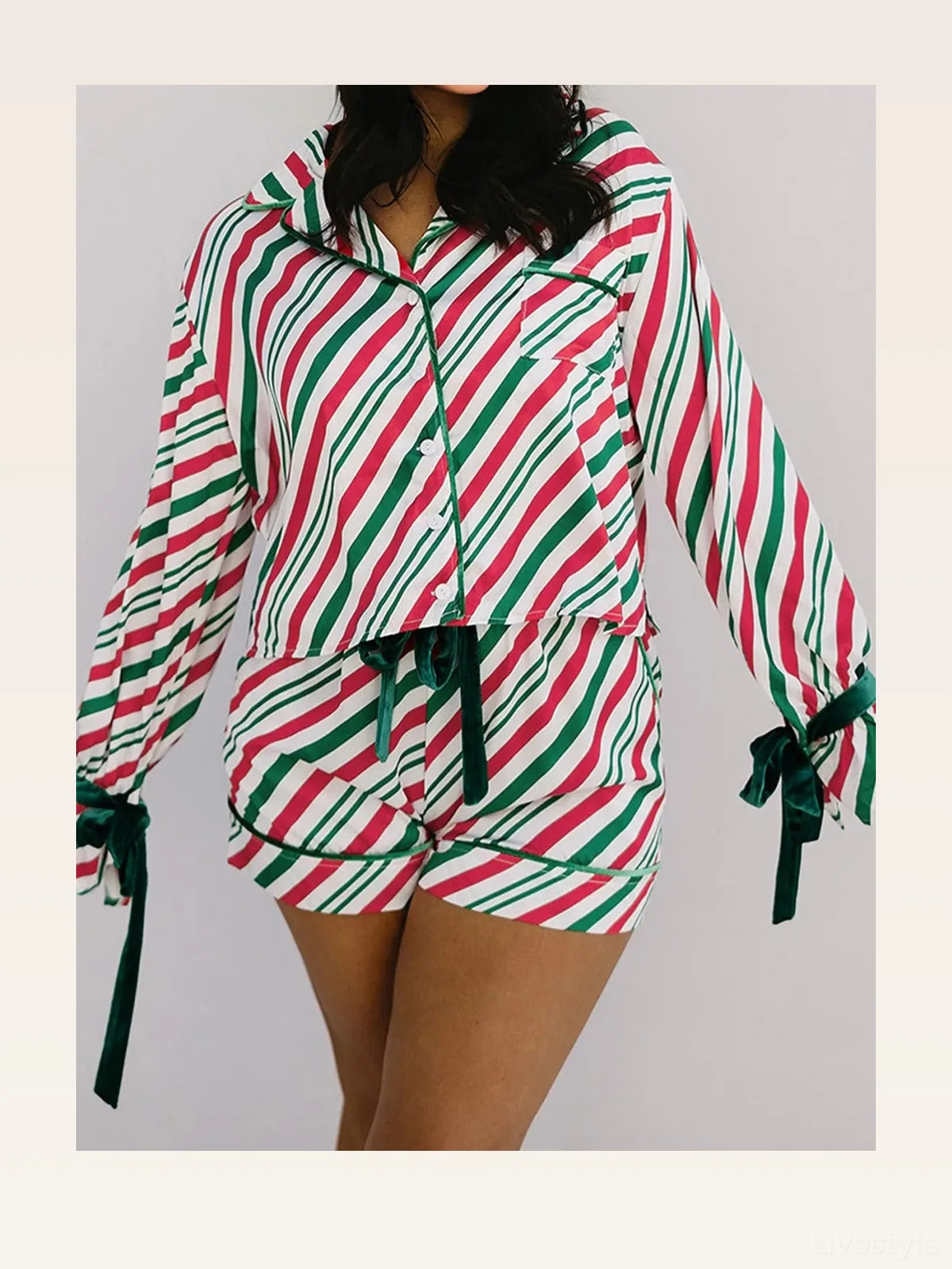 Striped Contrast Velvet Ribbon Knot Christmas Pajama Set