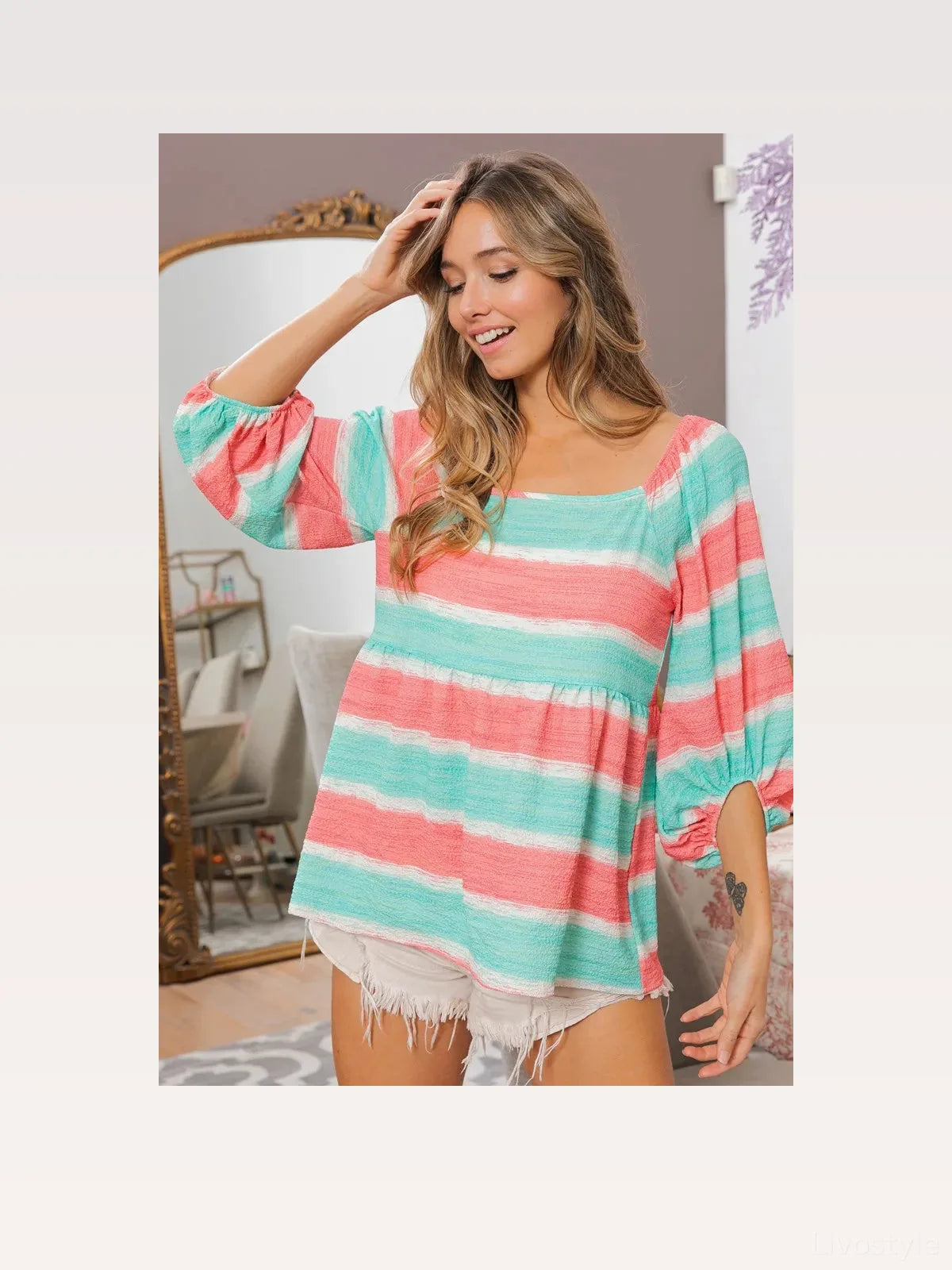 Striped Top with Balloon Sleeves
