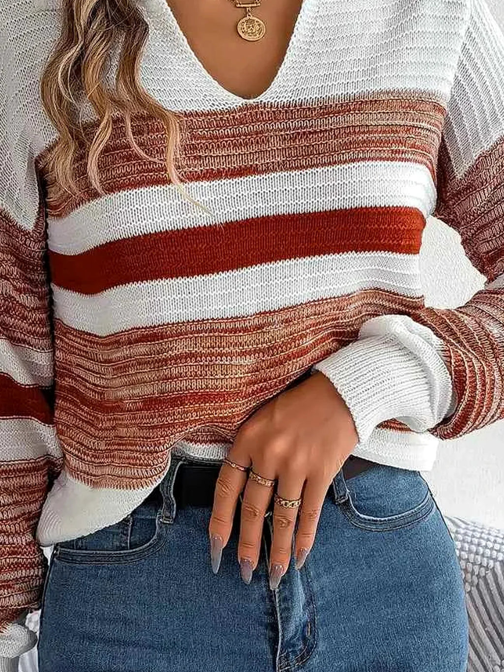 V-Neck Striped Collared Long Sleeve Sweater