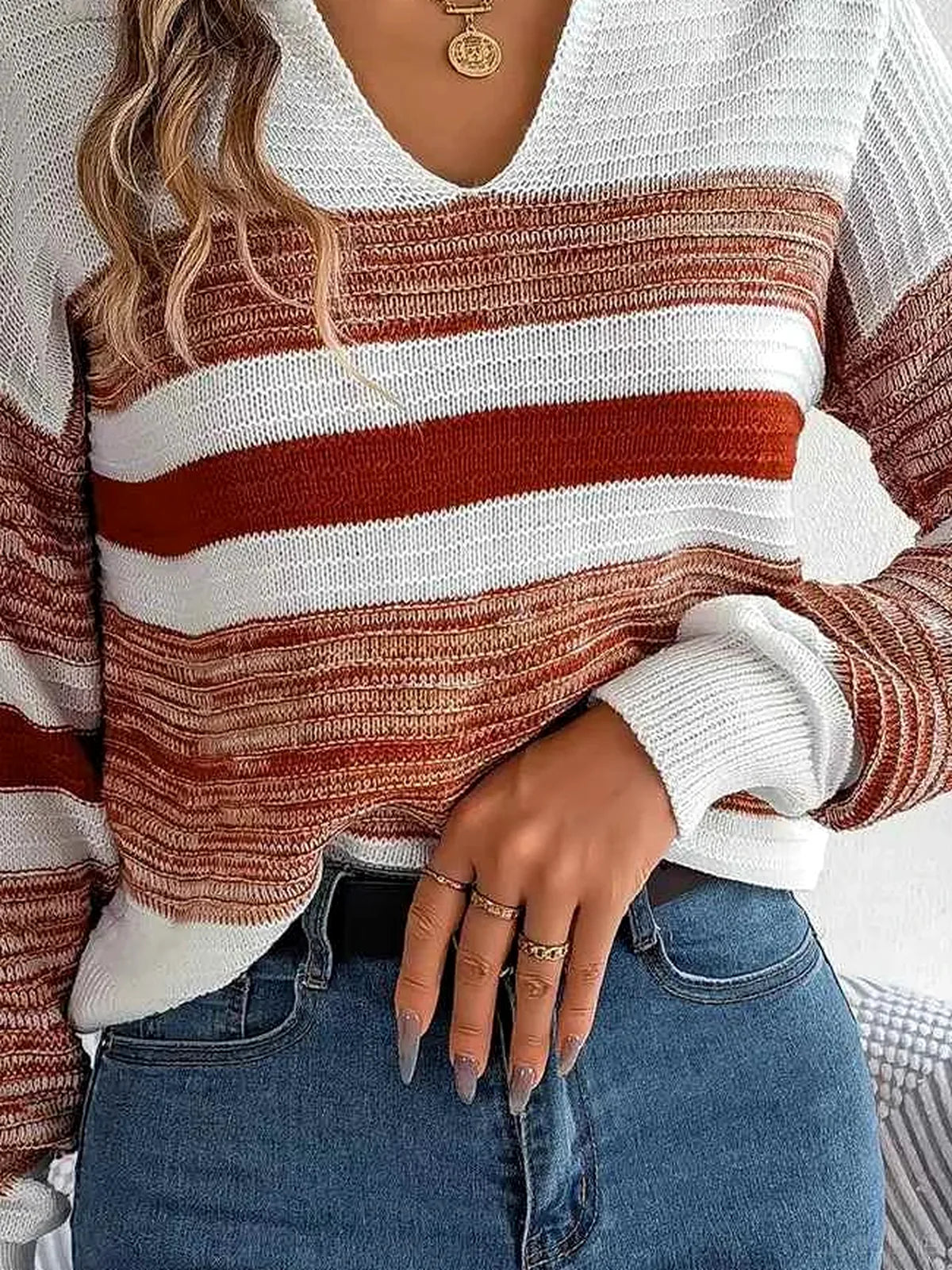 V-Neck Striped Collared Long Sleeve Sweater