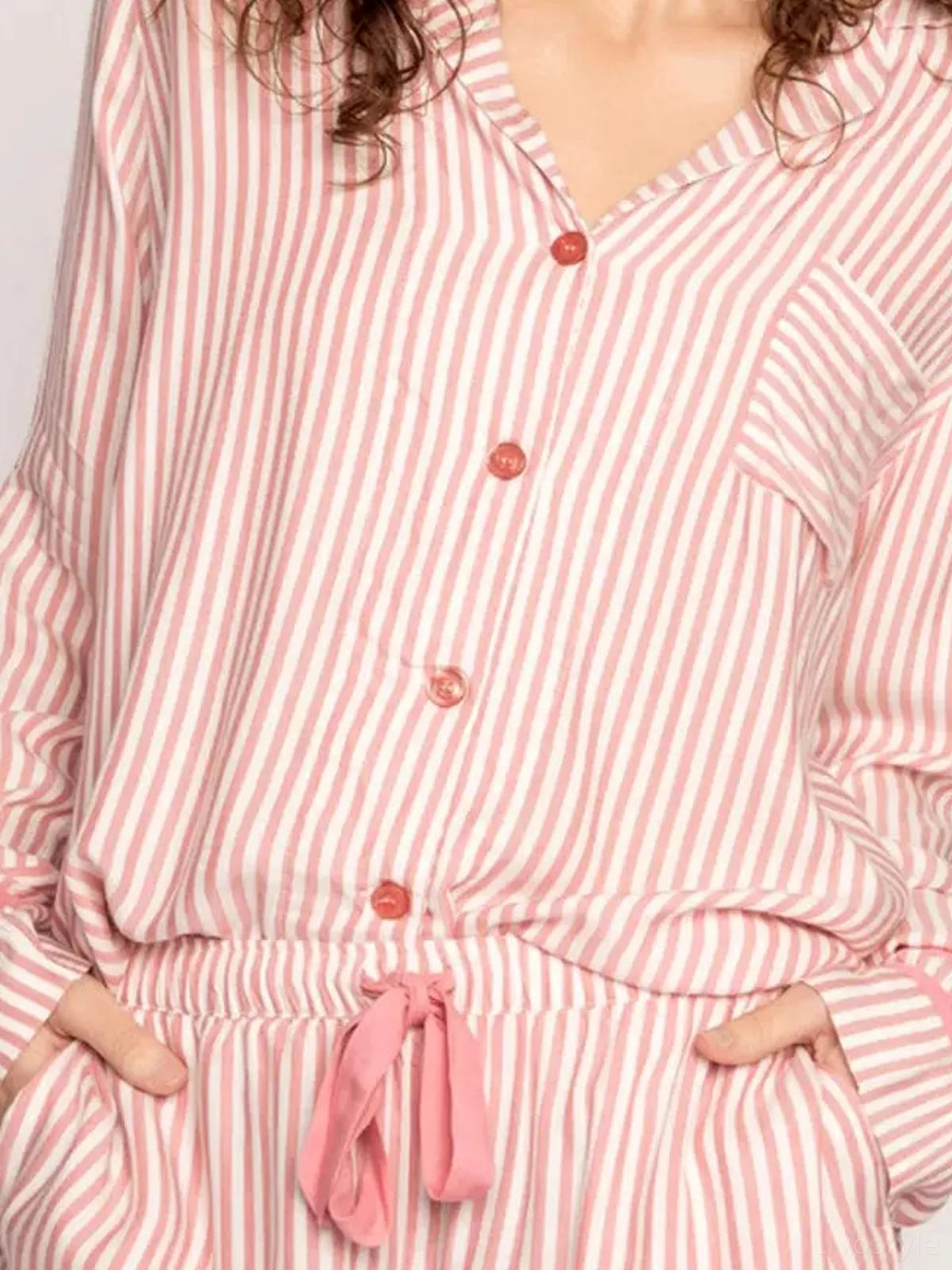 Striped Collared Long Sleeve Top and Drawstring Shorts Lounge Set