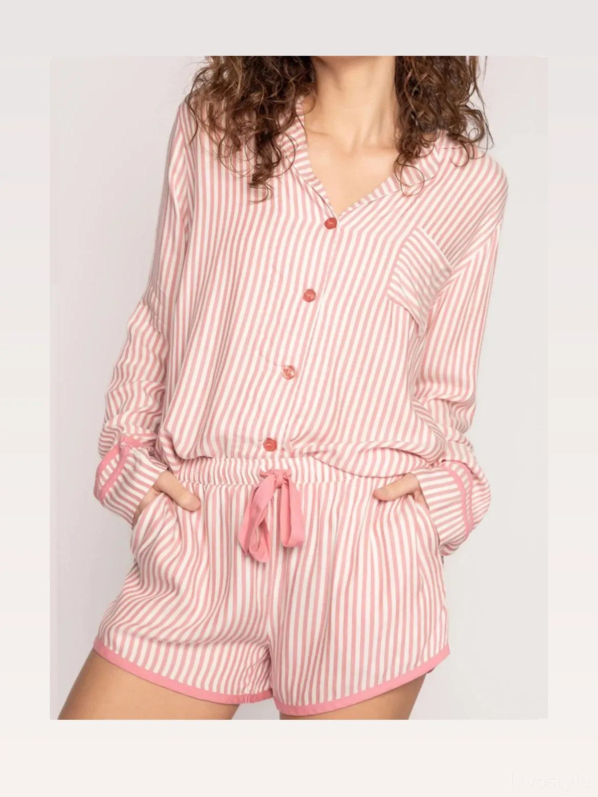 Striped Collared Long Sleeve Top and Drawstring Shorts Lounge Set