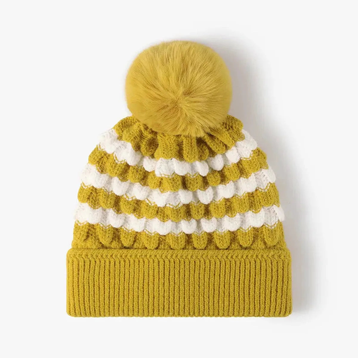 Striped Contrast Knit Beanie with Pom-pom