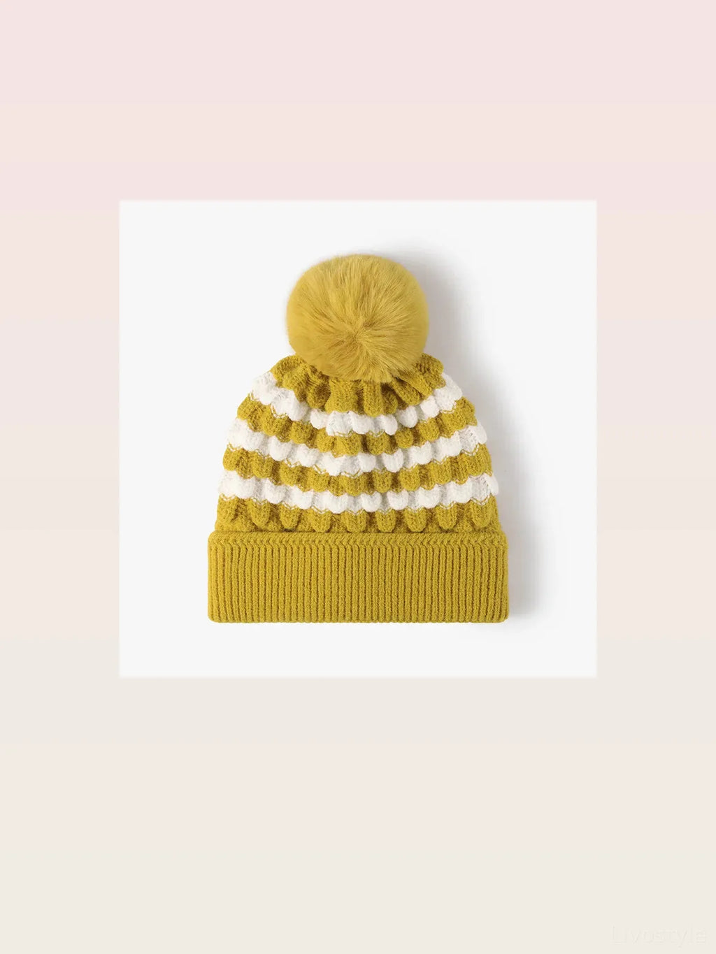 Striped Contrast Knit Beanie with Pom-pom