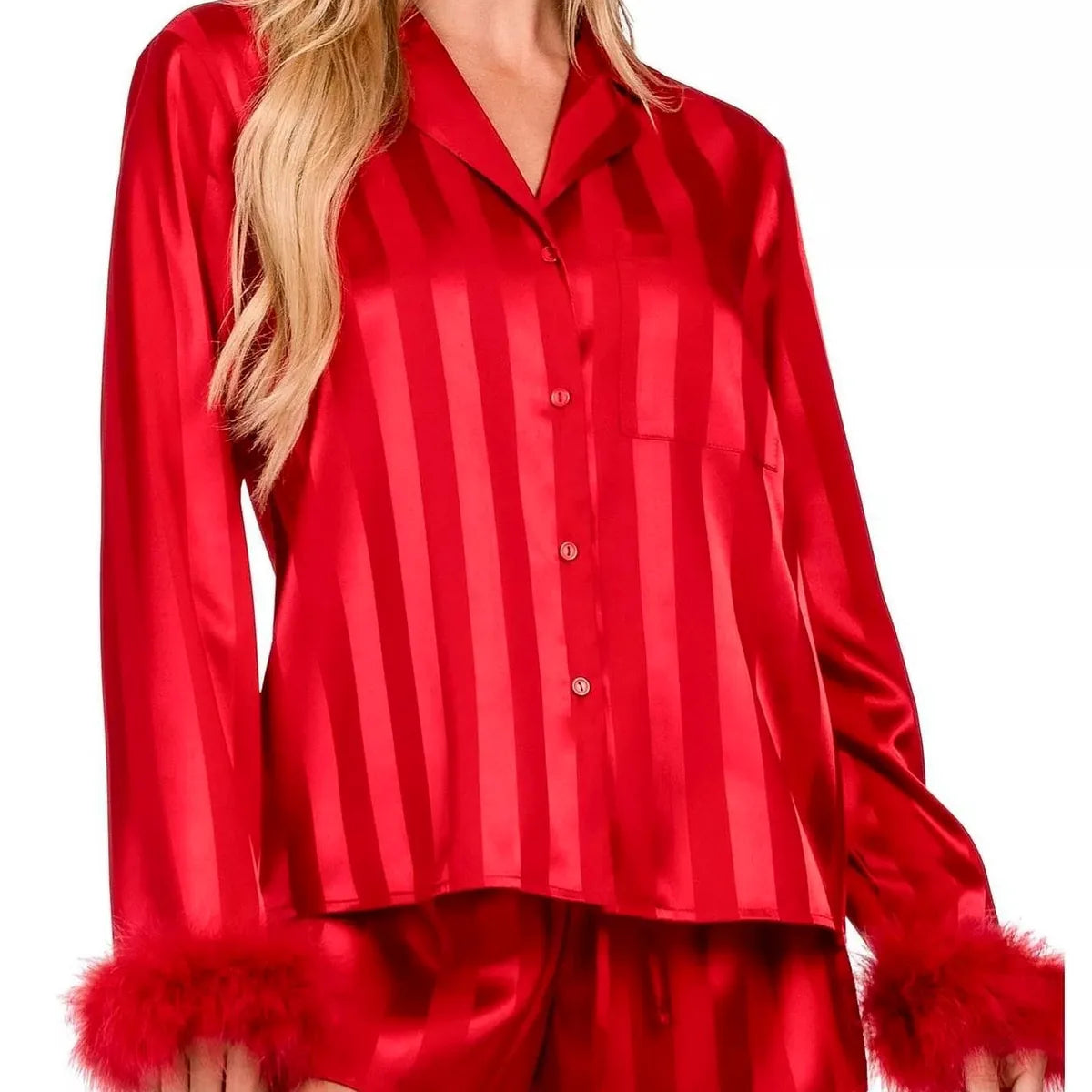 Striped Feather Trim Collared Shirt and Shorts Lounge Set