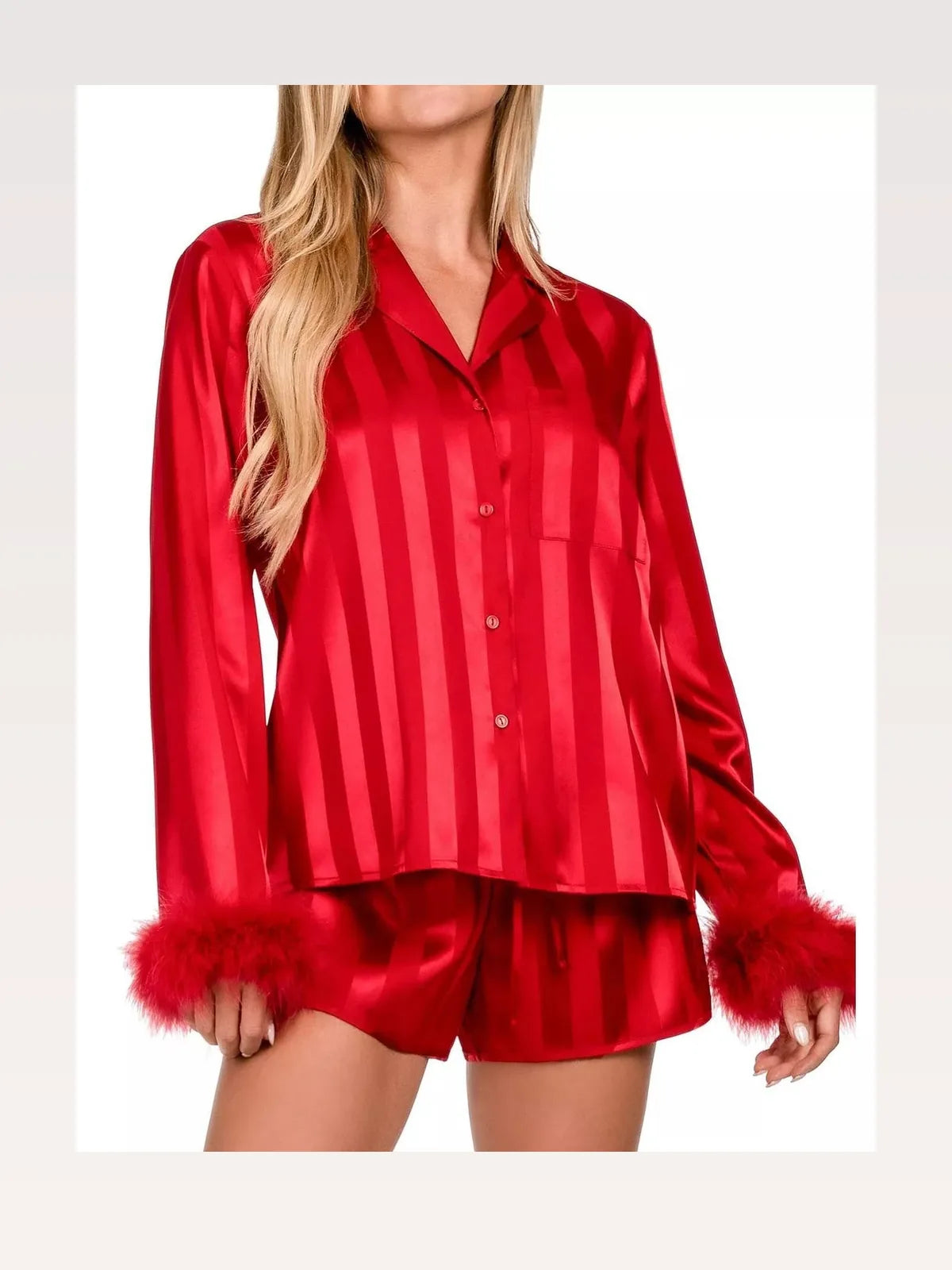 Striped Feather Trim Collared Shirt and Shorts Lounge Set