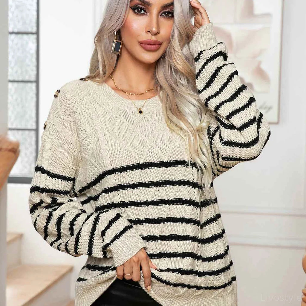 Striped Round Neck Cable-Knit Sweater