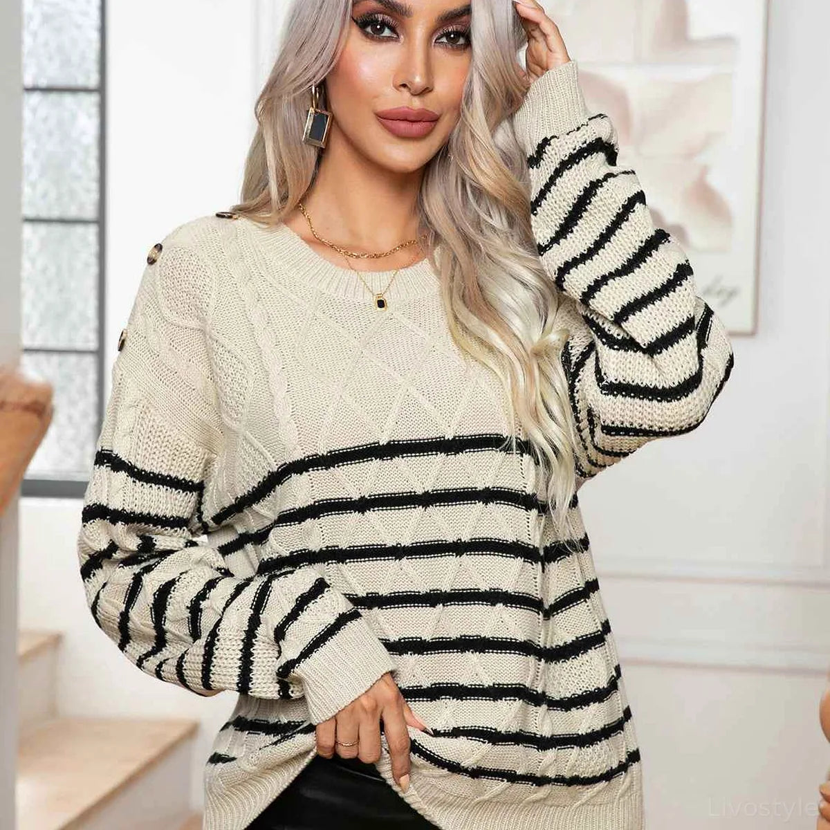 Striped Round Neck Cable-Knit Sweater