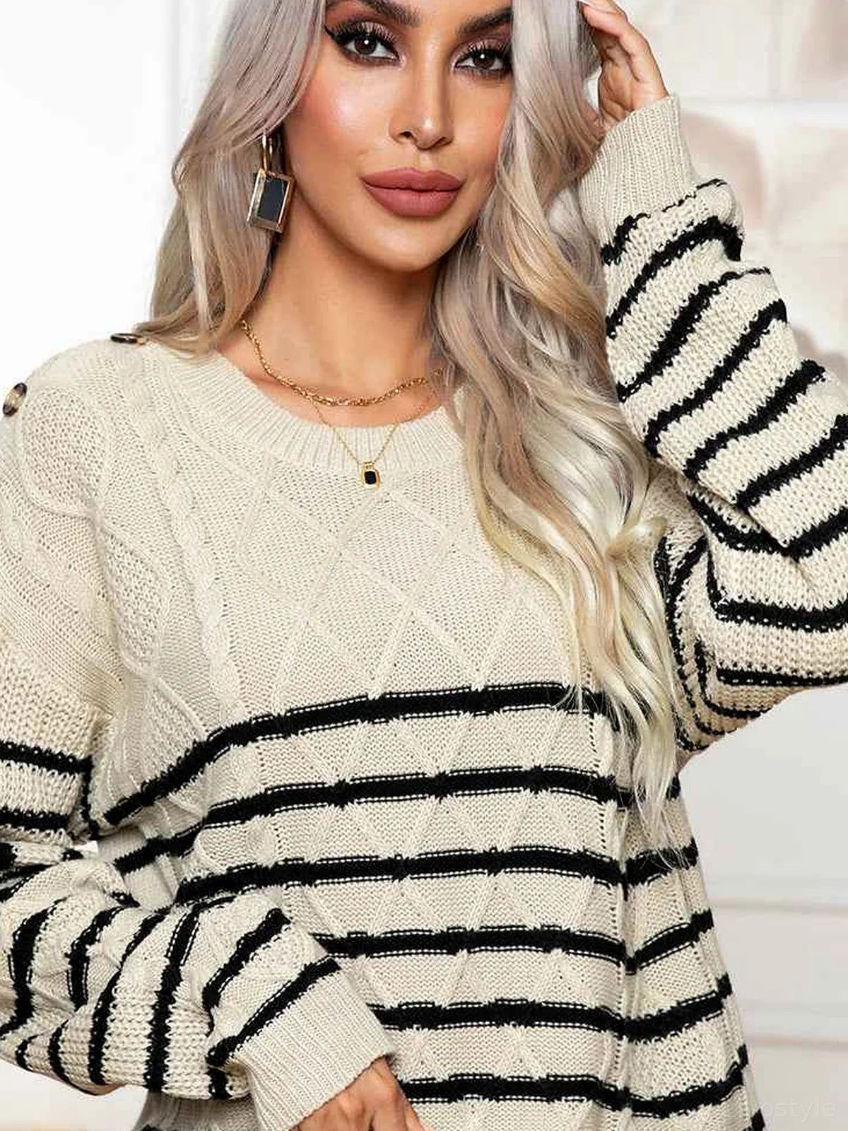 Striped Round Neck Cable-Knit Sweater