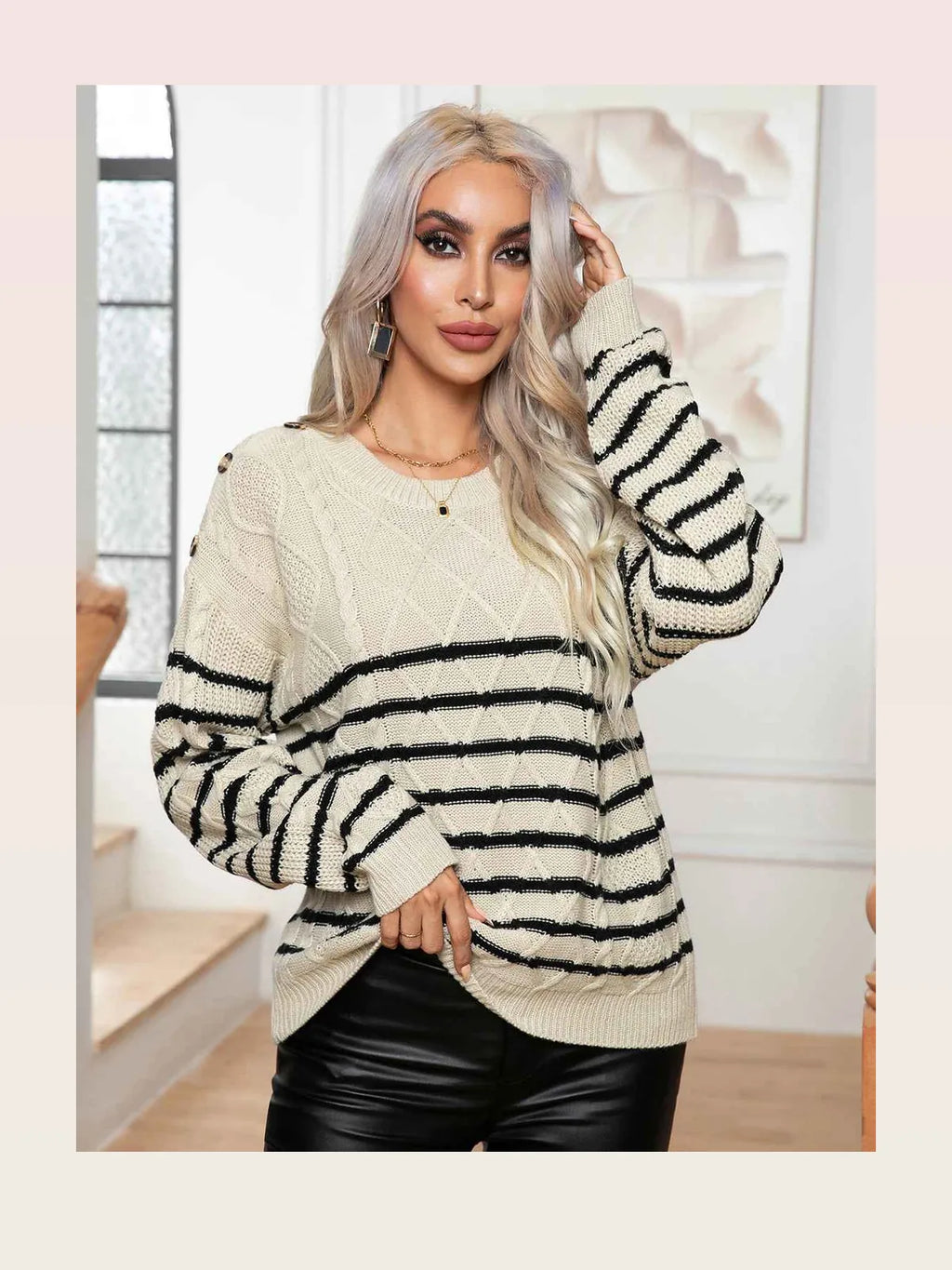 Striped Round Neck Cable-Knit Sweater