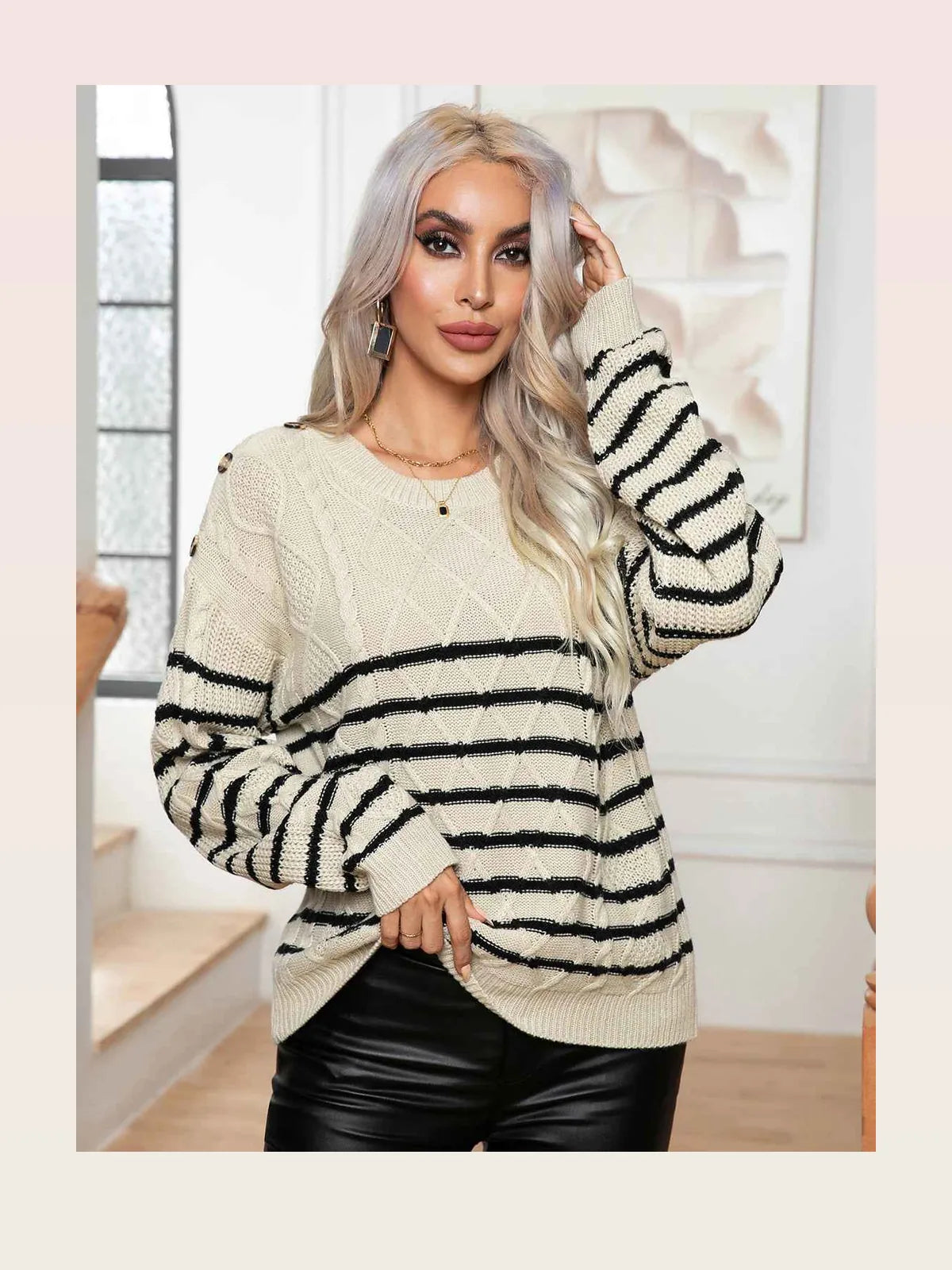 Striped Round Neck Cable-Knit Sweater