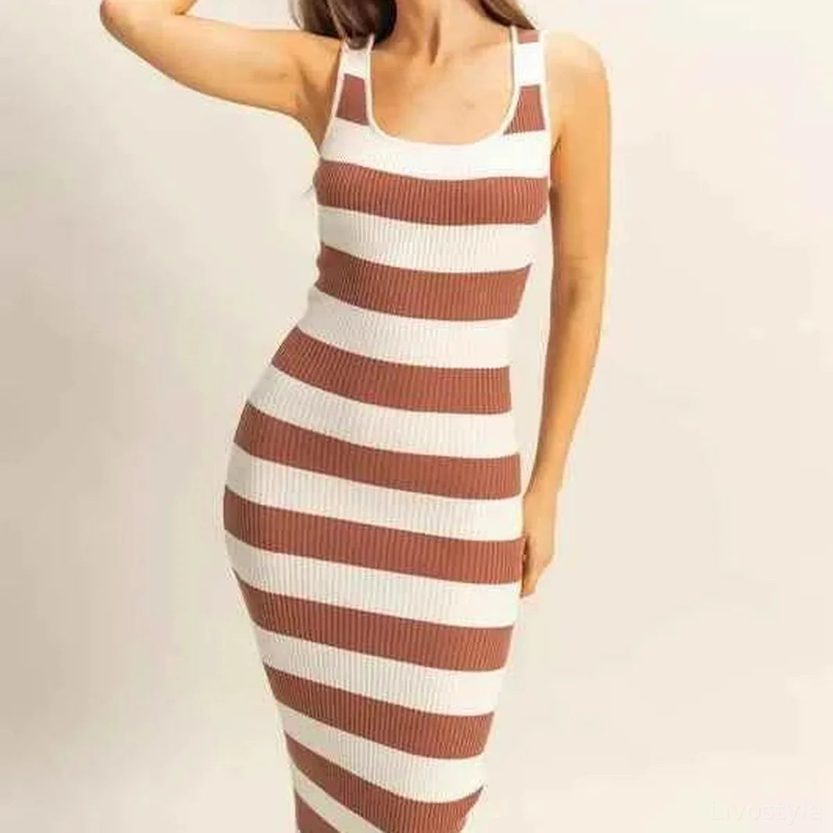 Striped Scoop Neck Wide Strap Knit Midi Dress