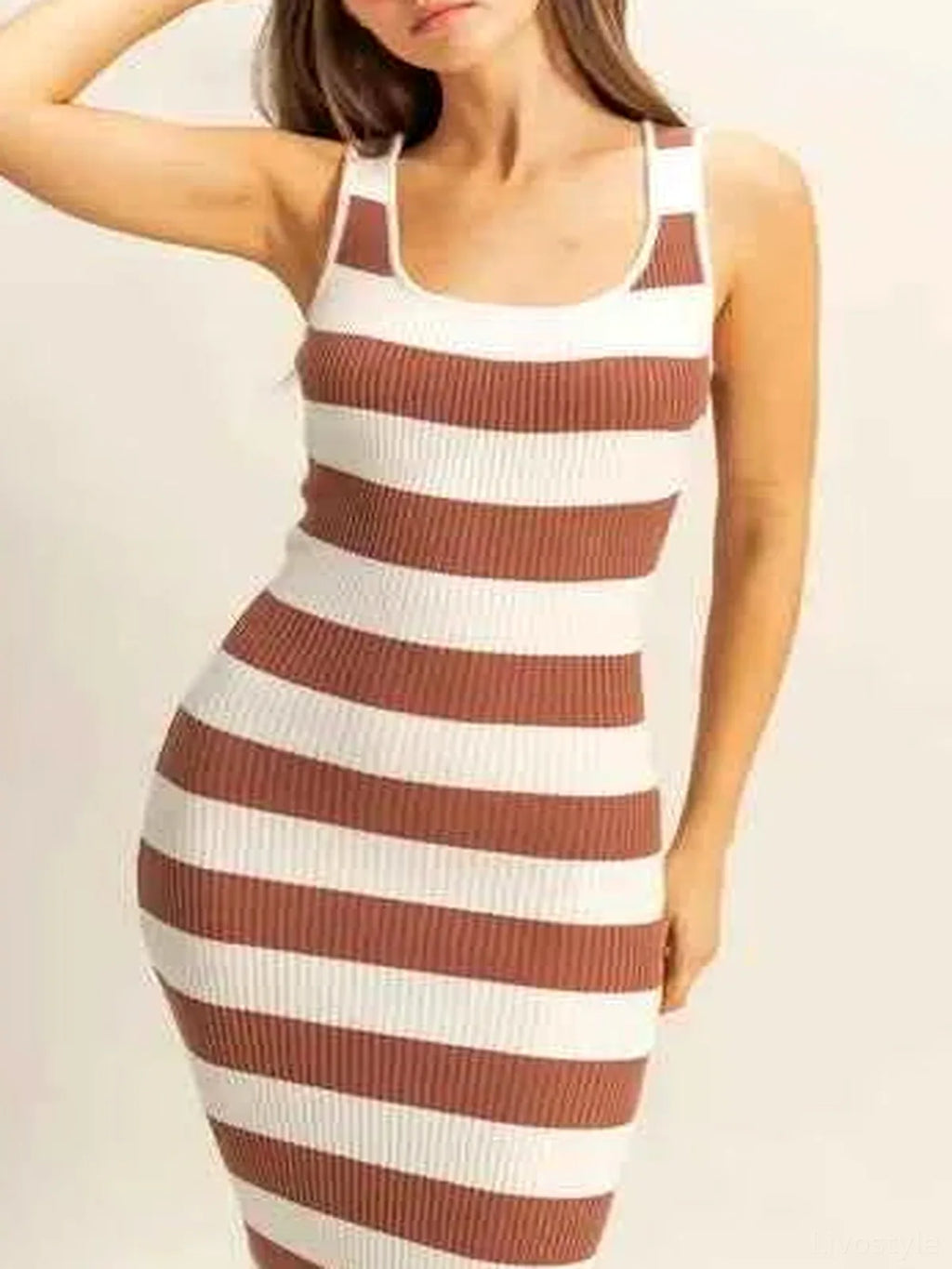 Striped Scoop Neck Wide Strap Knit Midi Dress