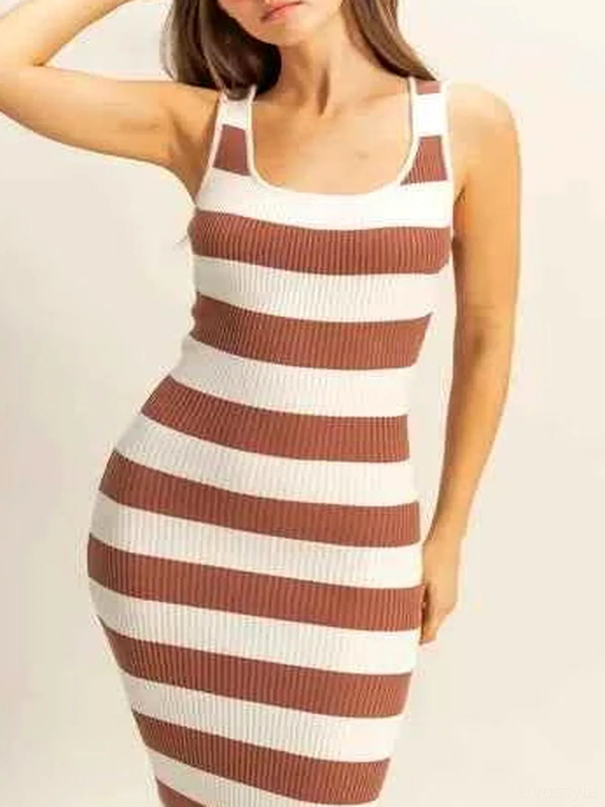Striped Scoop Neck Wide Strap Knit Midi Dress