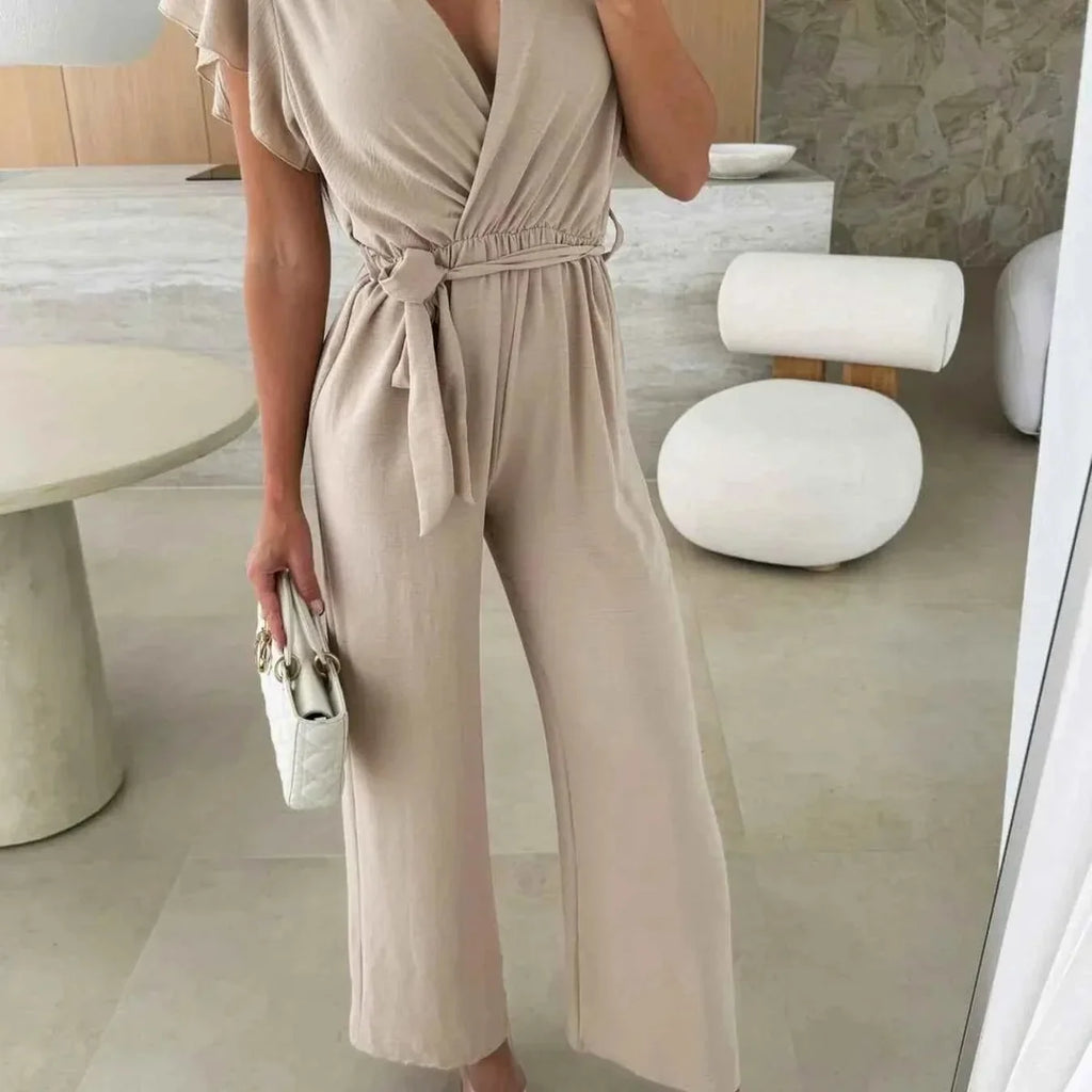 Surplice Wide Leg Belted Wrap Jumpsuit with Flutter Sleeves