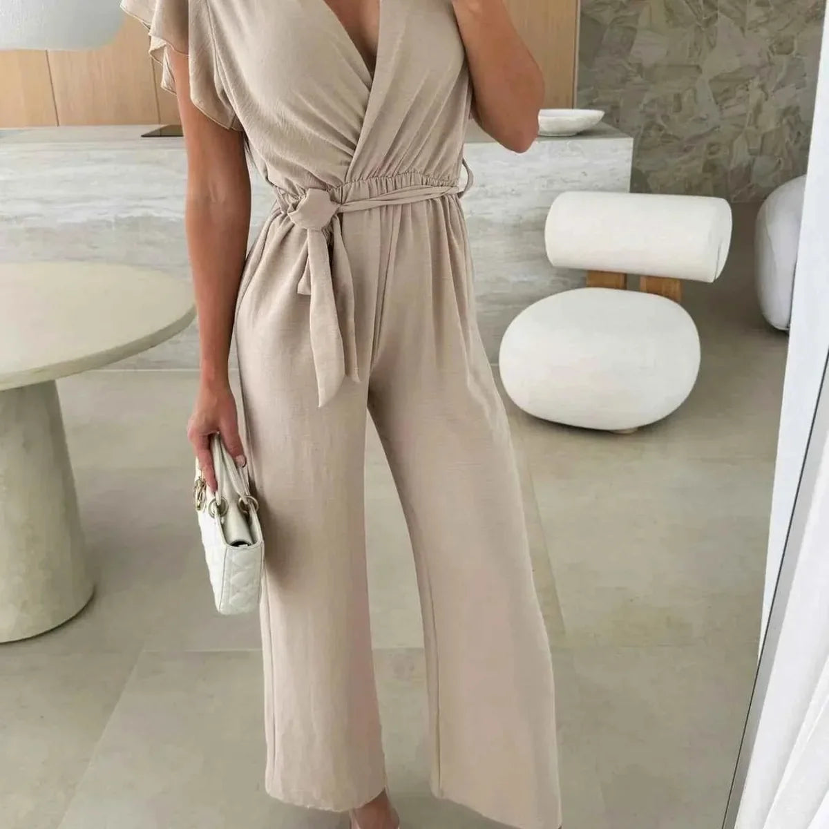 Surplice Wide Leg Belted Wrap Jumpsuit with Flutter Sleeves