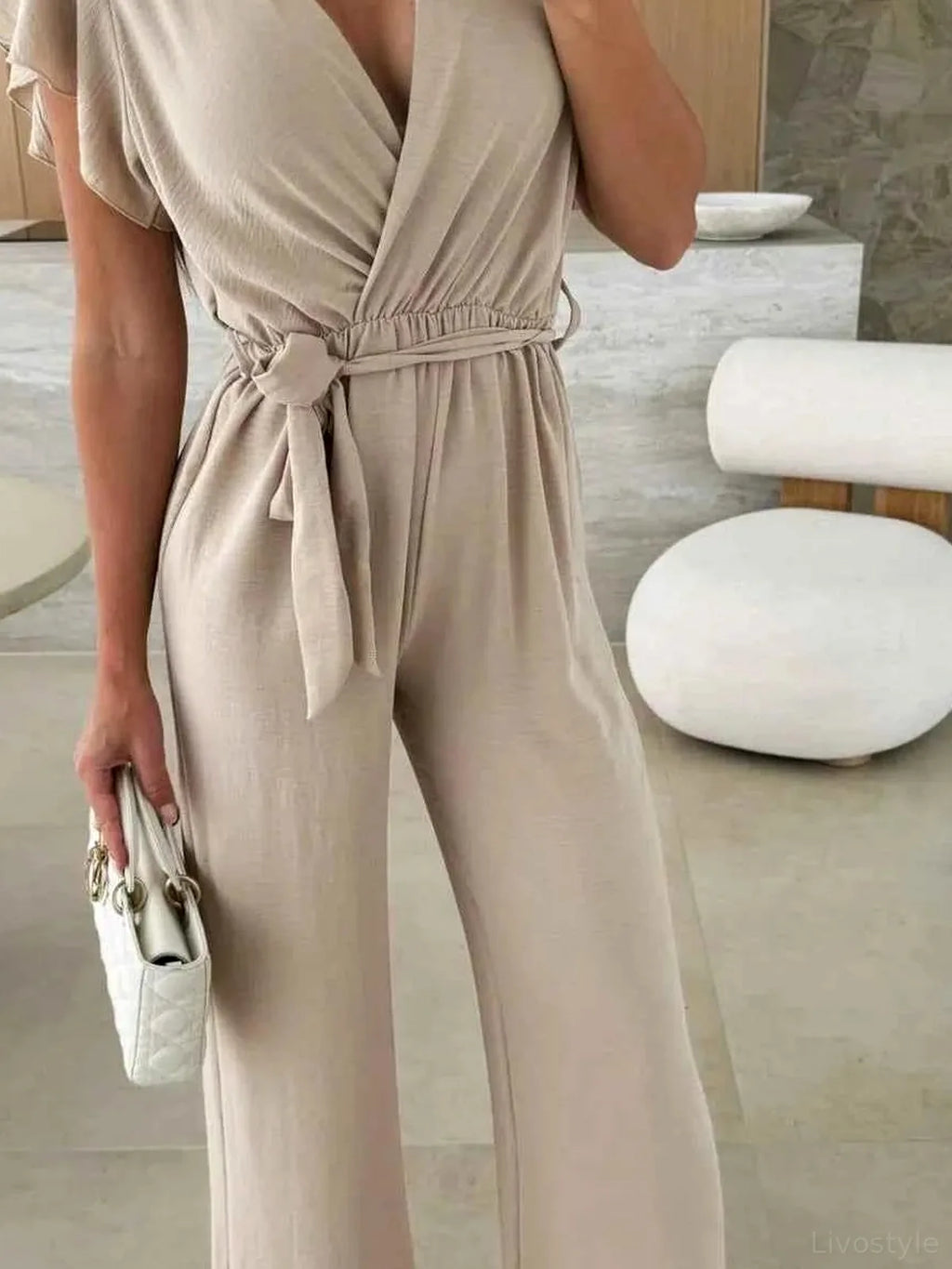 Surplice Wide Leg Belted Wrap Jumpsuit with Flutter Sleeves