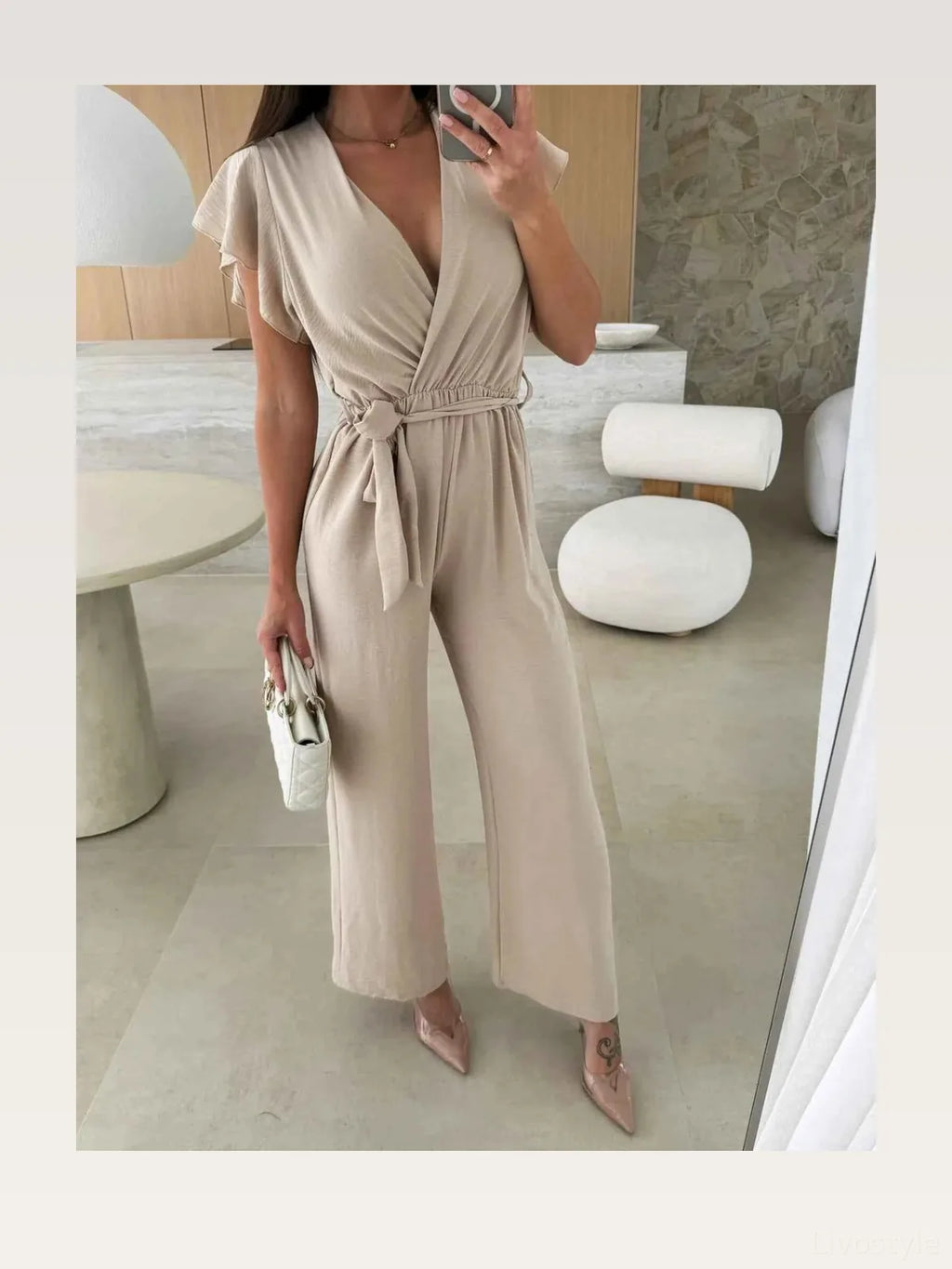 Surplice Wide Leg Belted Wrap Jumpsuit with Flutter Sleeves