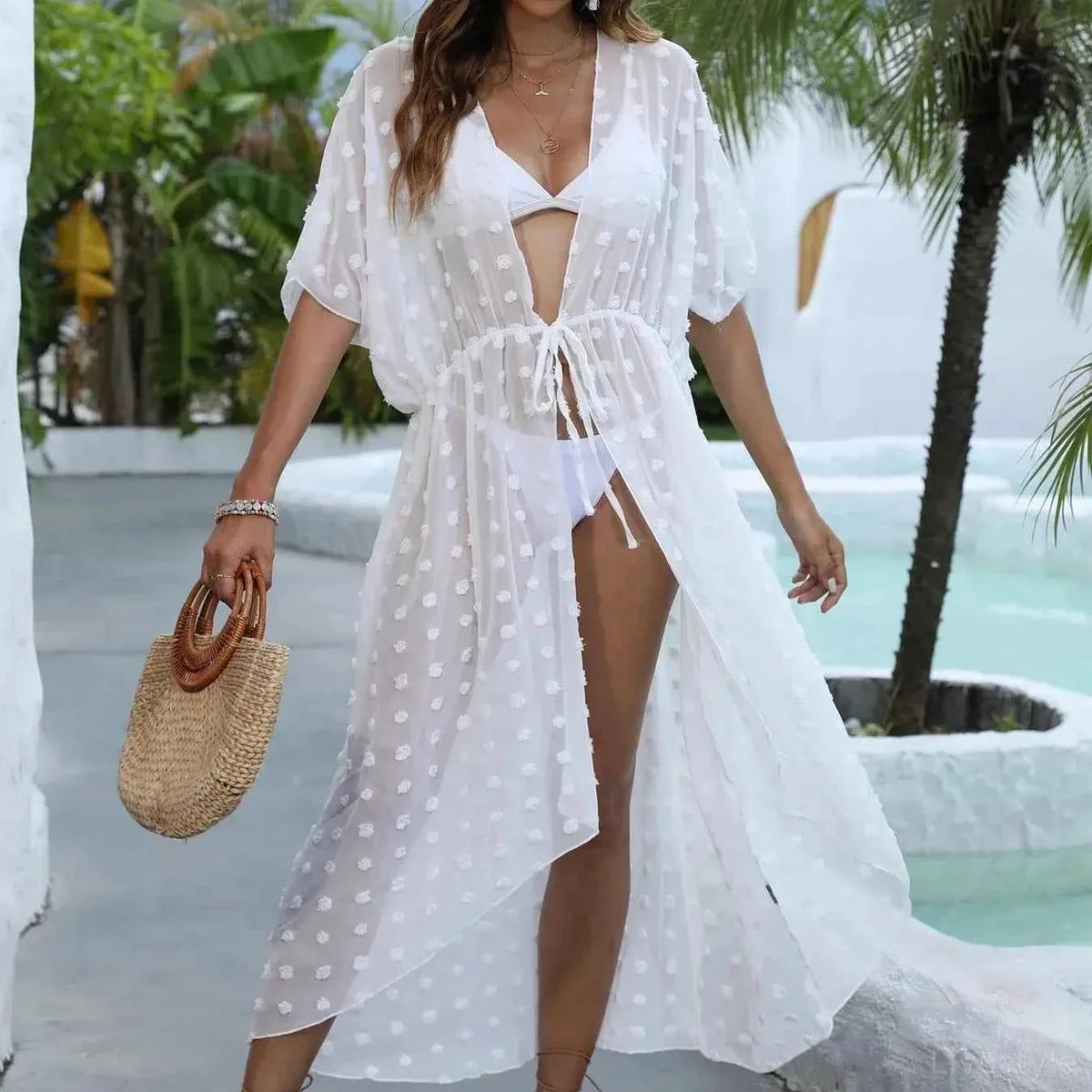 Swiss Dot Sheer Beach Cover-Up Maxi Dress